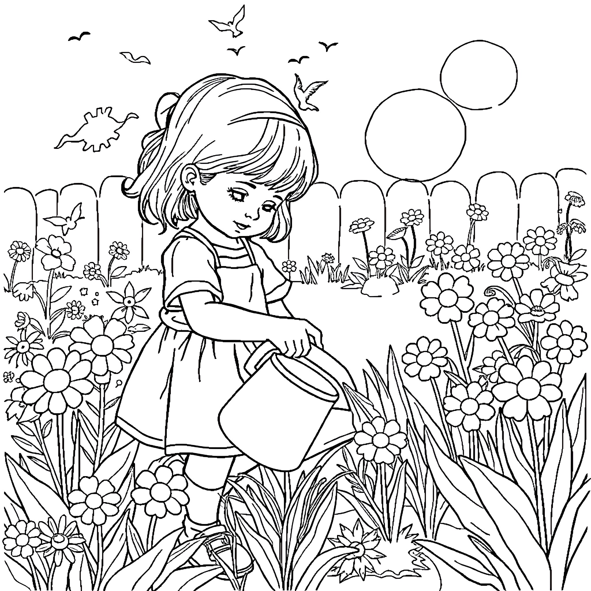 Girl tending to a flourishing garden Coloring Page (free black-and-white line drawing printable PDF for all, from beginners to advanced learners, including children, teens, adults, and seniors)