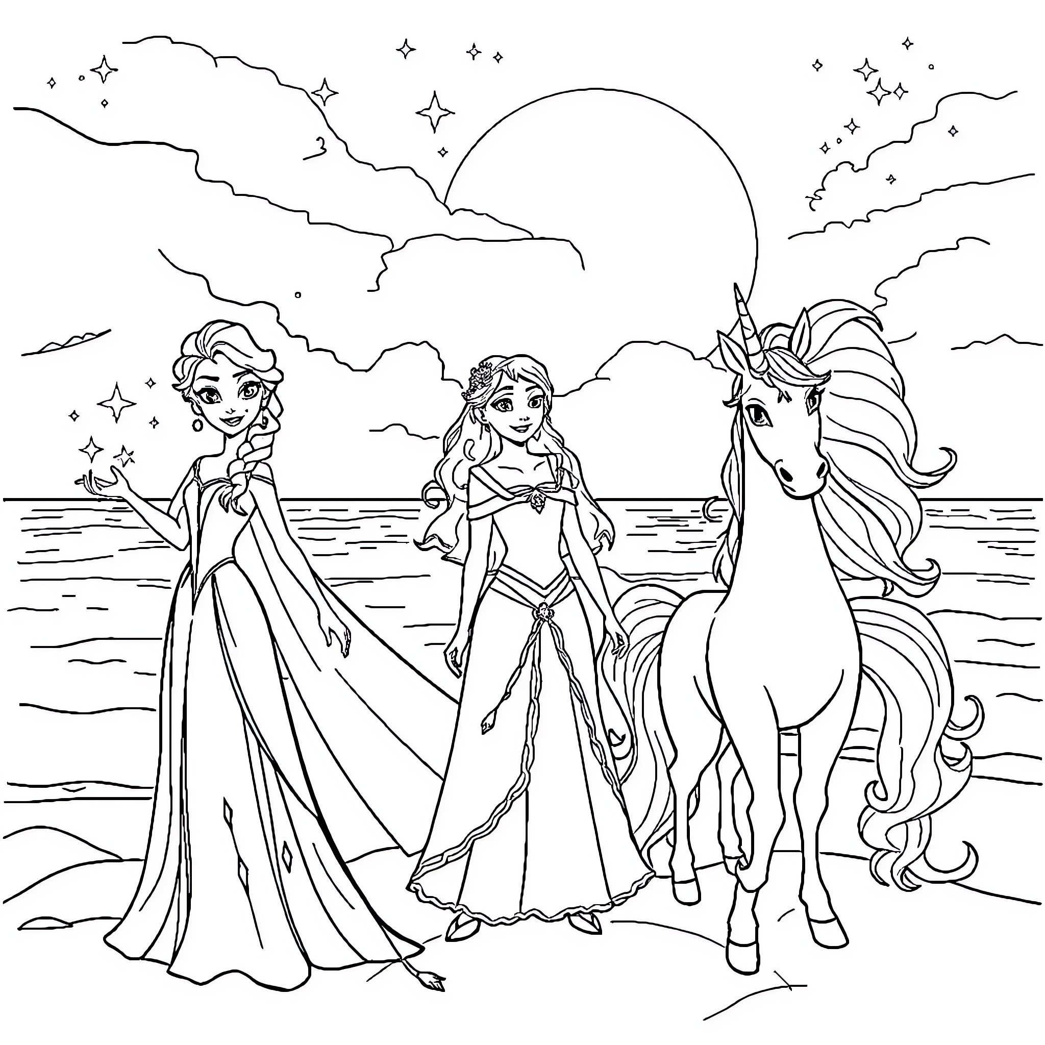 Elsa and Friends on a Starry Night Coloring Page (free black-and-white line drawing printable PDF for all, from beginners to advanced learners, including children, teens, adults, and seniors)