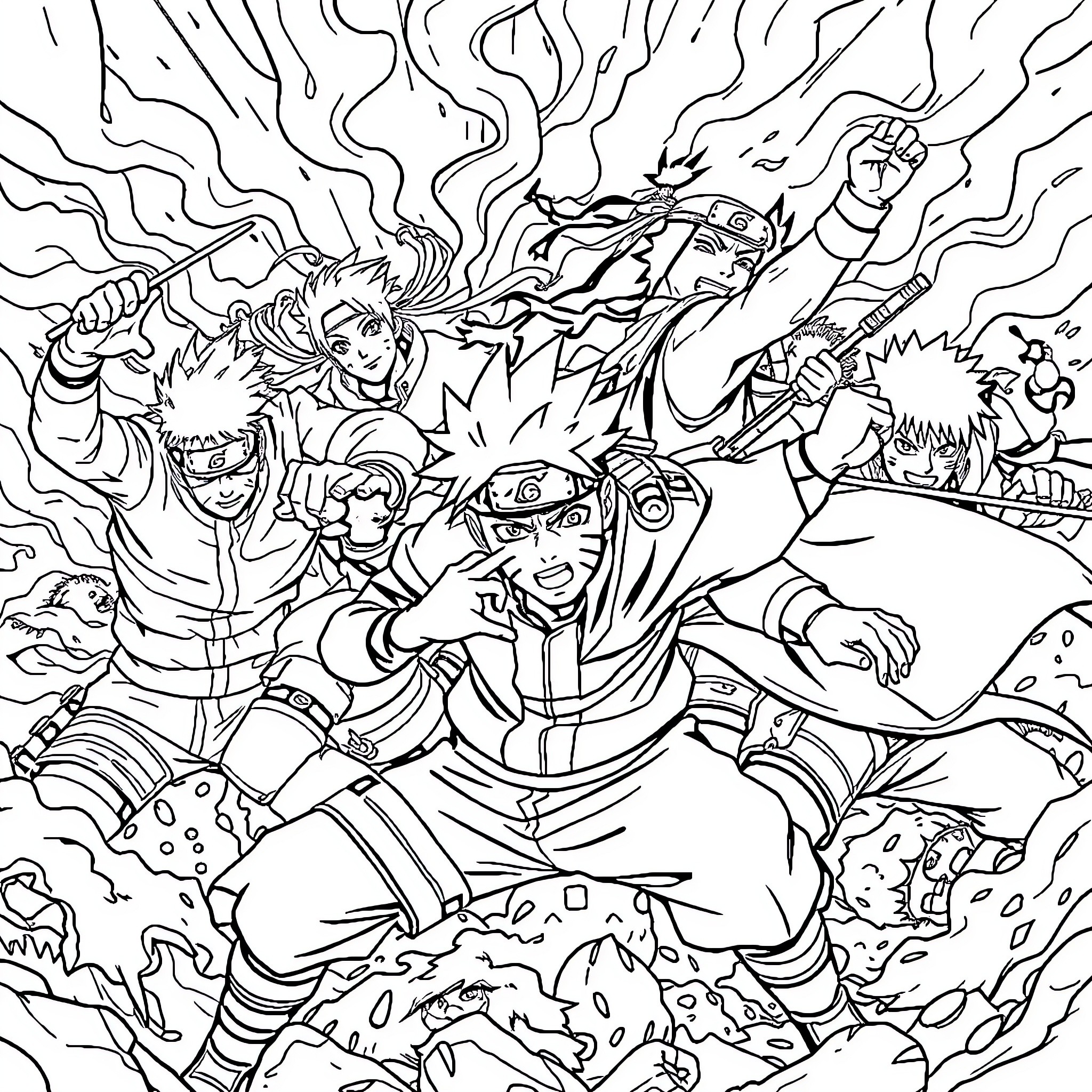 Naruto and friends in epic battle scene Coloring Page (free black-and-white line drawing printable PDF for all, from beginners to advanced learners, including children, teens, adults, and seniors)