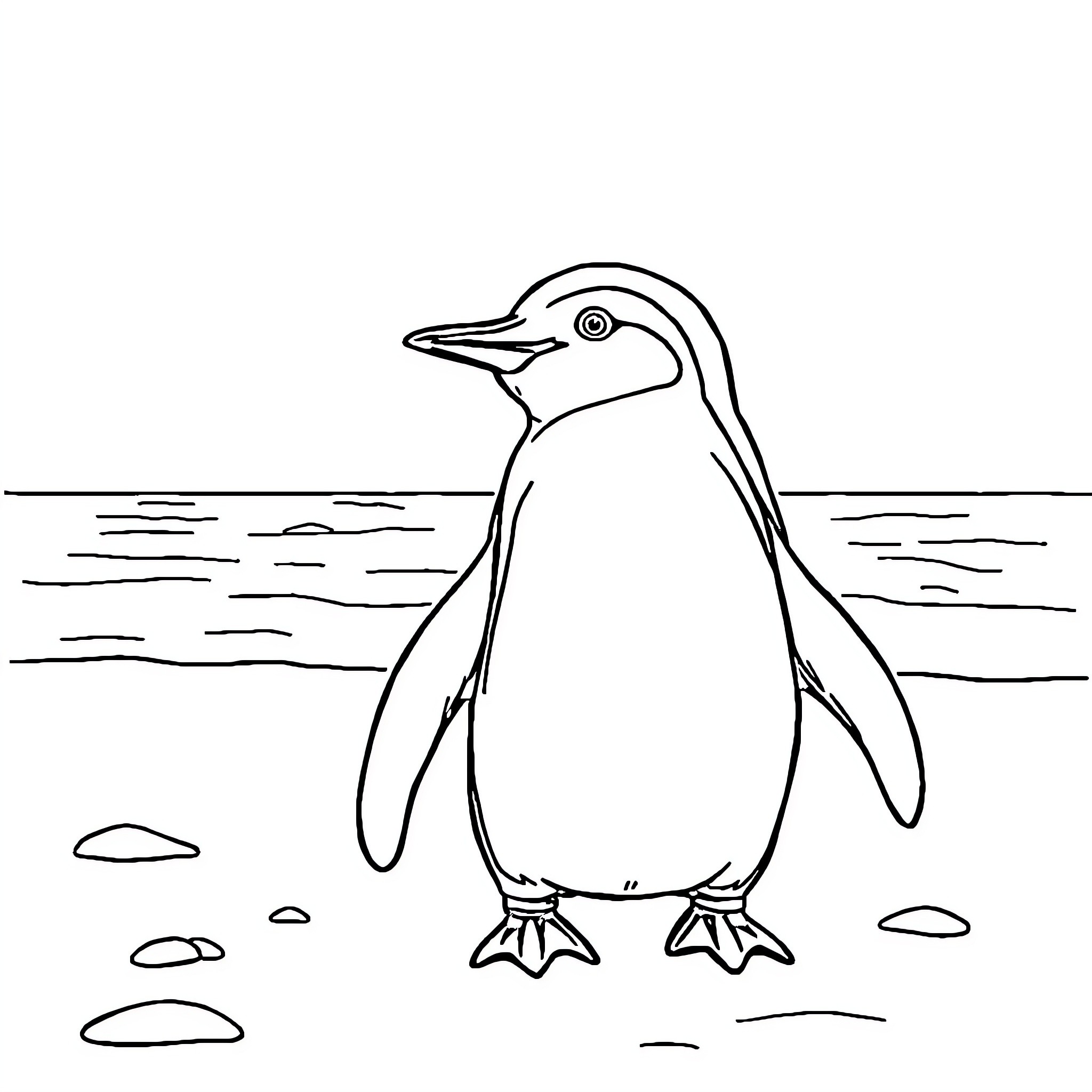 Penguin standing on the shoreline Coloring Page (free black-and-white line drawing printable PDF for all, from beginners to advanced learners, including children, teens, adults, and seniors)