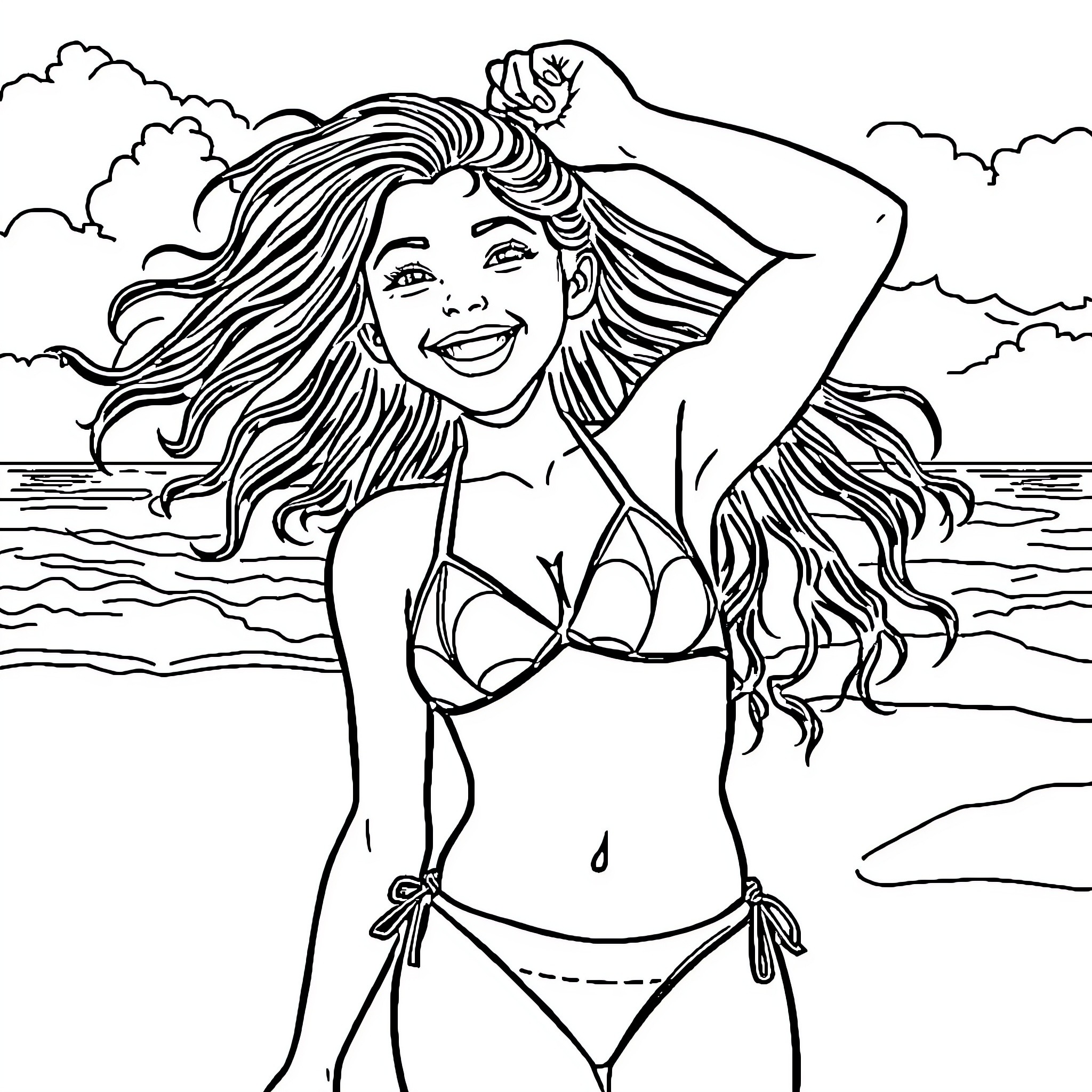 Girl enjoying a sunny day at the beach Coloring Page (free black-and-white line drawing printable PDF for all, from beginners to advanced learners, including children, teens, adults, and seniors)
