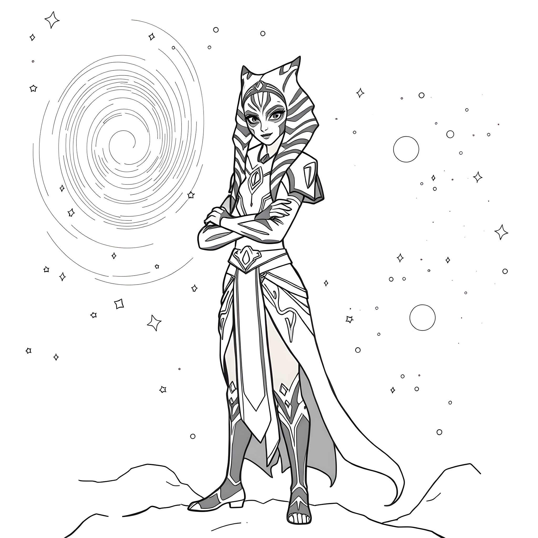 Ashoka Tano standing confidently in space Coloring Page (free black-and-white line drawing printable PDF for all, from beginners to advanced learners, including children, teens, adults, and seniors)