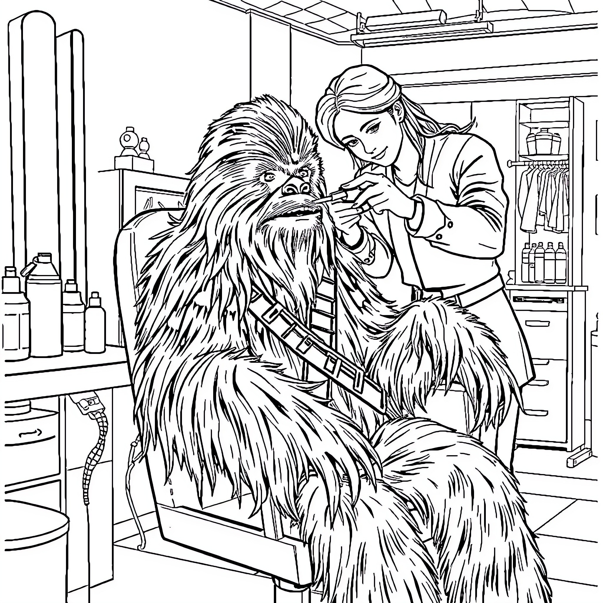 Chewbacca getting a haircut from a friendly human Coloring Page (free black-and-white line drawing printable PDF for all, from beginners to advanced learners, including children, teens, adults, and seniors)