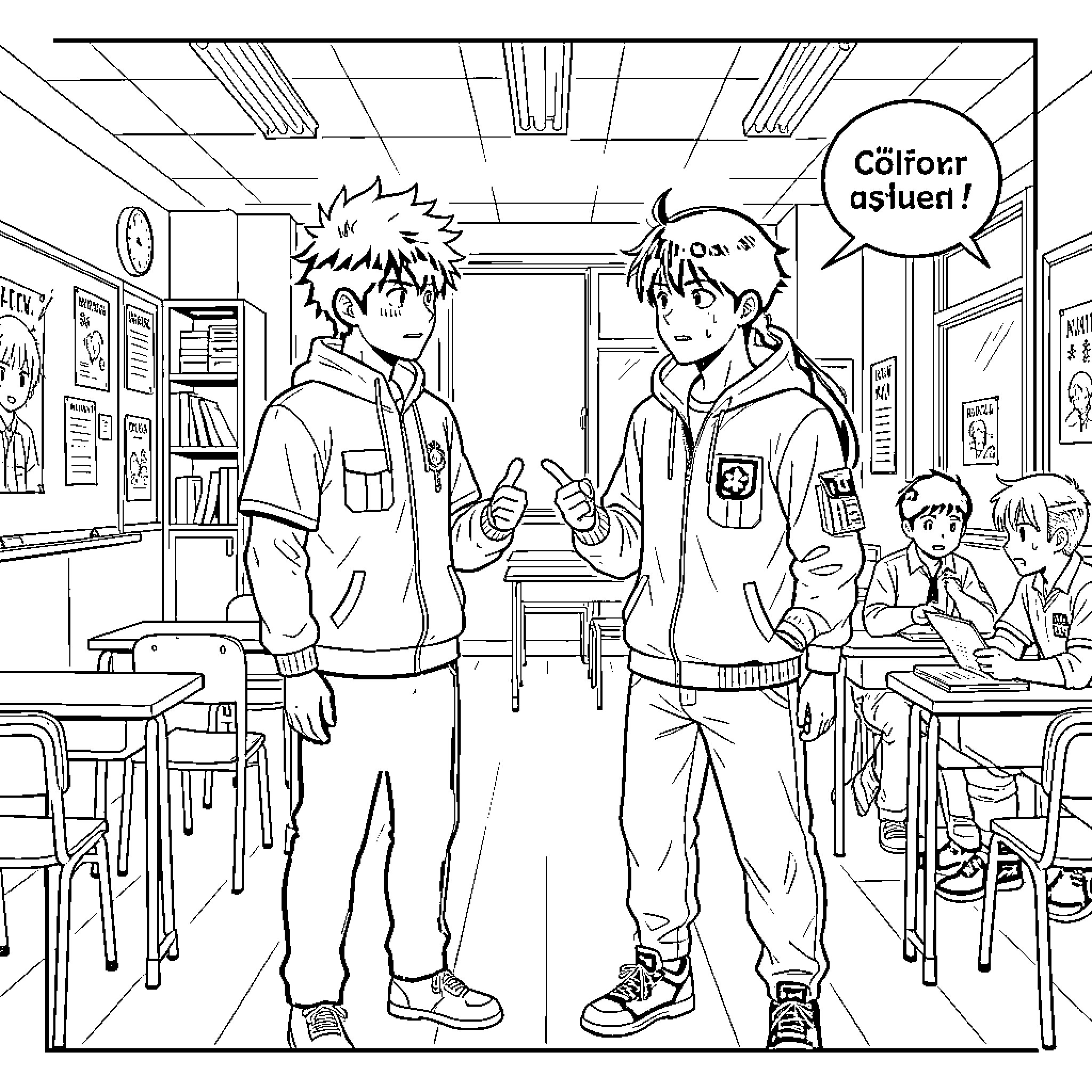 Itadori and Yuji in the classroom discussing matters Coloring Page (free black-and-white line drawing printable PDF for all, from beginners to advanced learners, including children, teens, adults, and seniors)