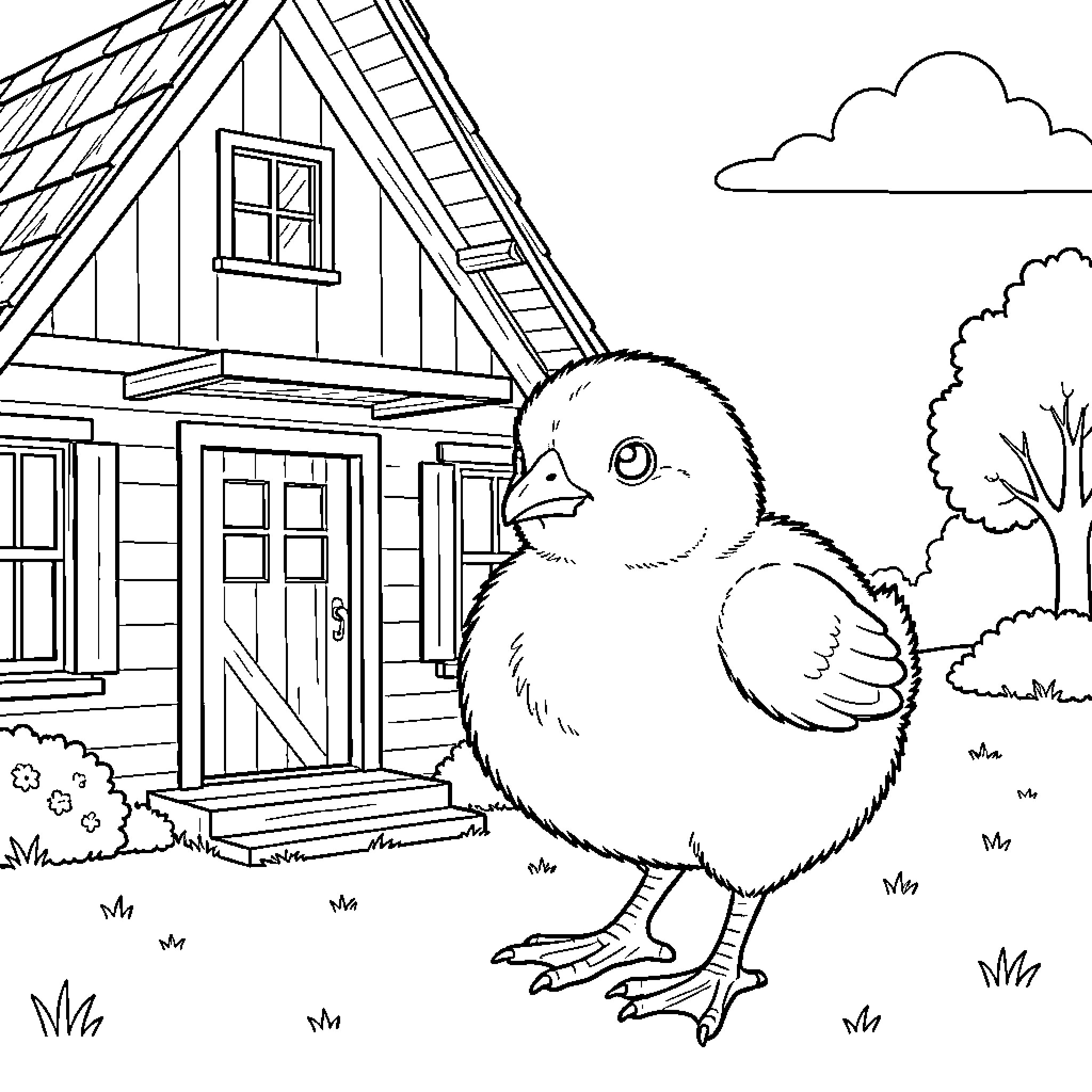 Poussin standing in front of a small house Coloring Page (free black-and-white line drawing printable PDF for all, from beginners to advanced learners, including children, teens, adults, and seniors)