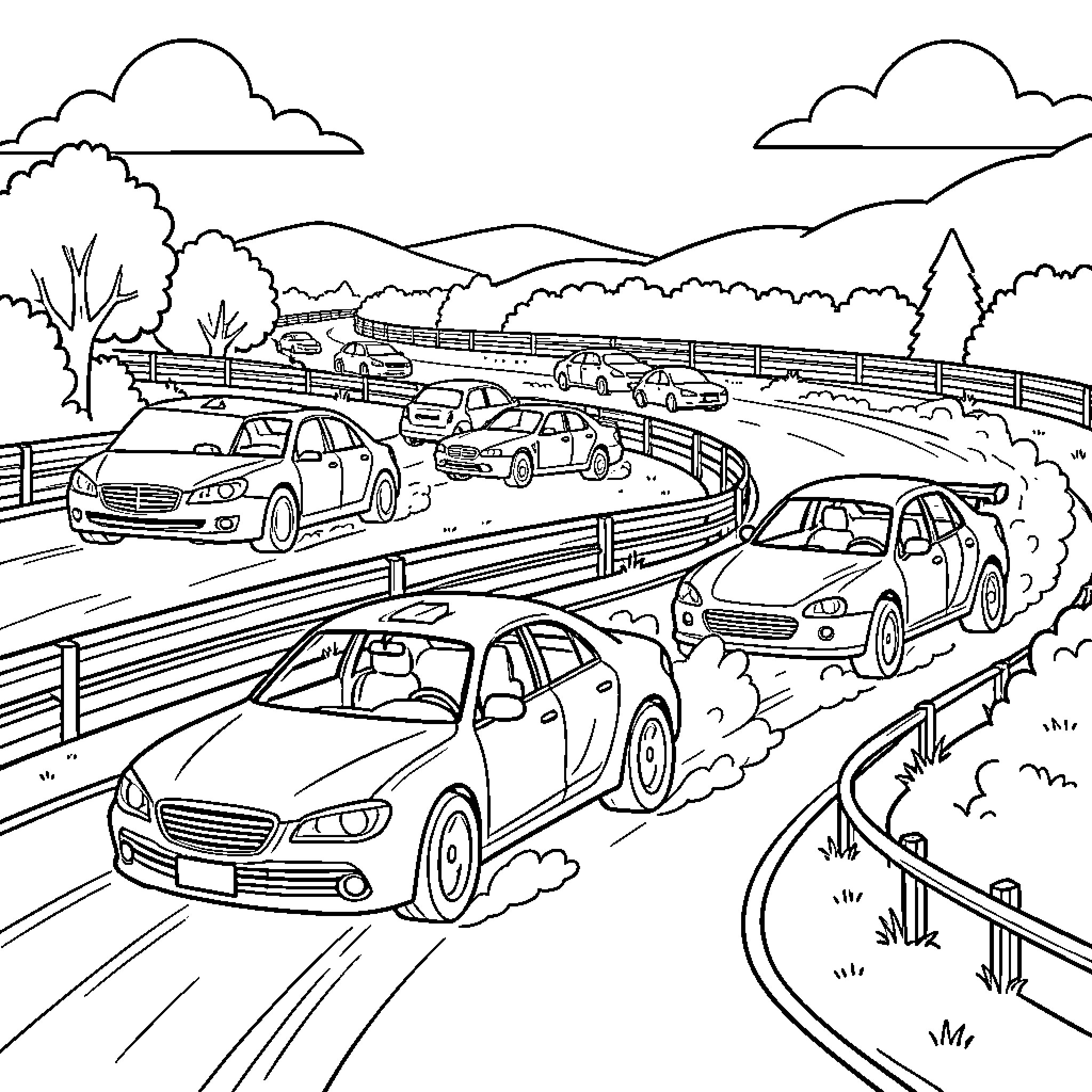 Drag Racing cars speeding through a winding mountain road Coloring Page (free black-and-white line drawing printable PDF for all, from beginners to advanced learners, including children, teens, adults, and seniors)