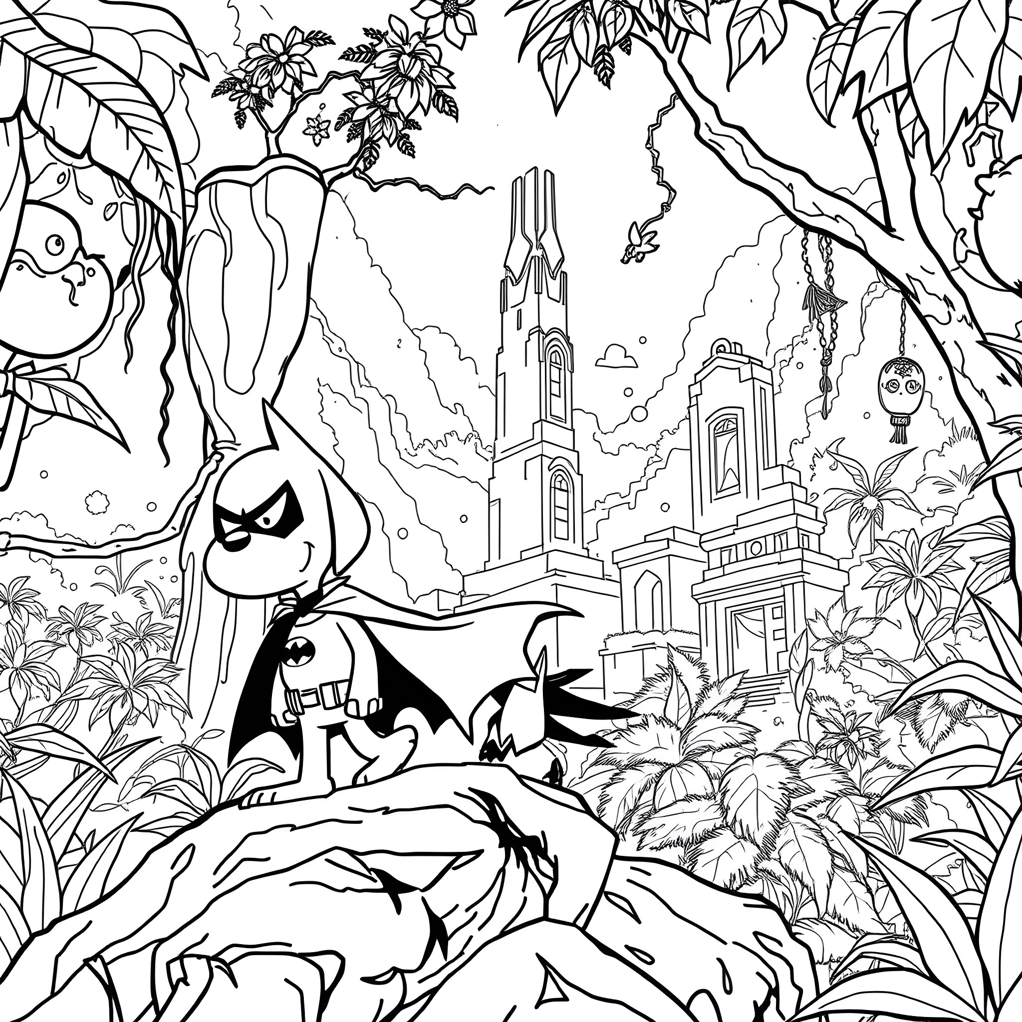 Snoopy's Adventurous Journey in the Jungle Coloring Page (free black-and-white line drawing printable PDF for all, from beginners to advanced learners, including children, teens, adults, and seniors)