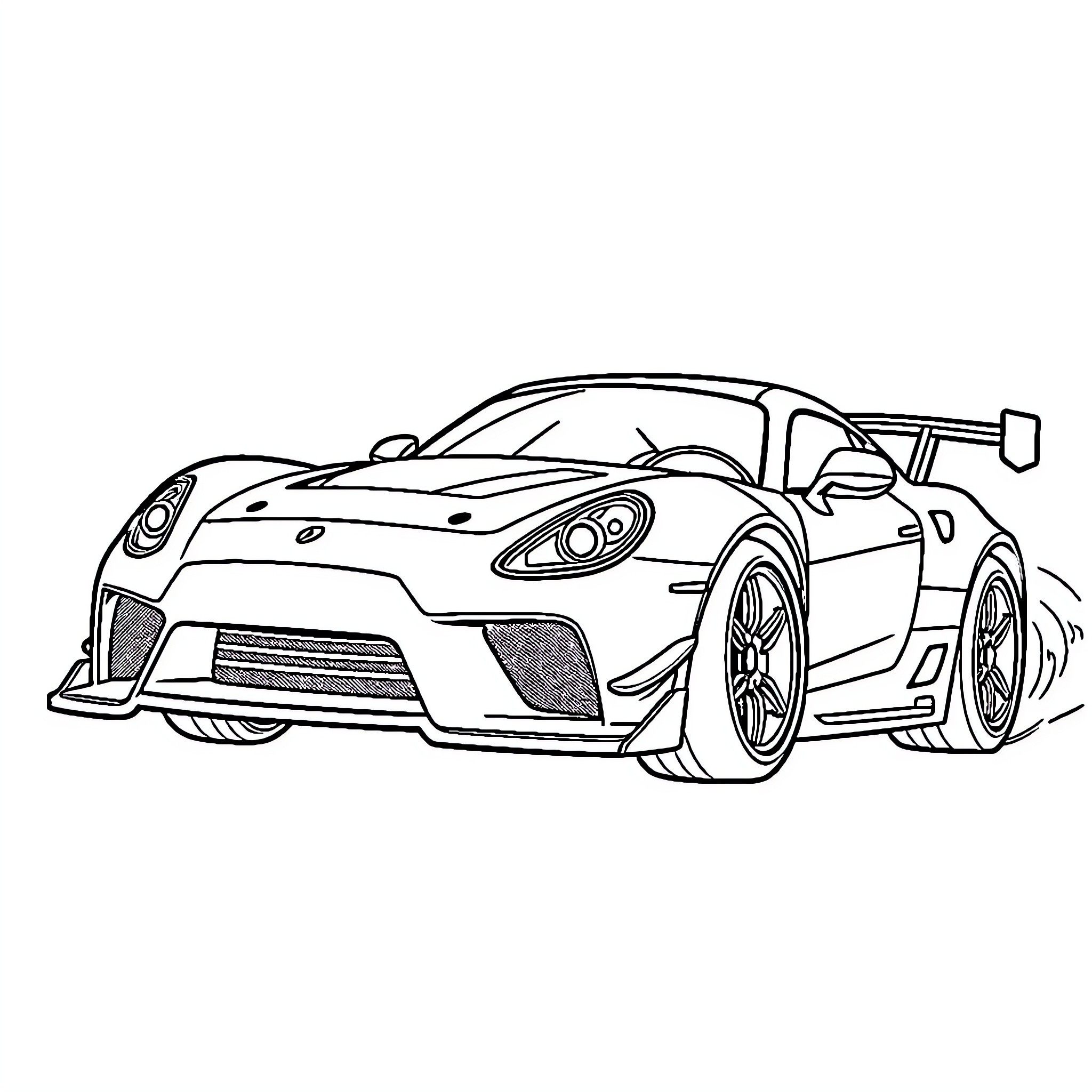 Sports Car in Racing Stance Coloring Page (free black-and-white line drawing printable PDF for all, from beginners to advanced learners, including children, teens, adults, and seniors)
