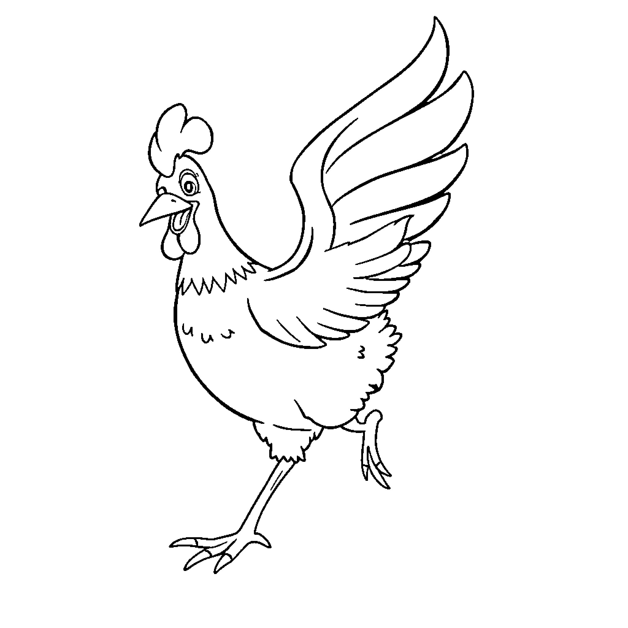 Chicken with Spread Wings Coloring Page (free black-and-white line drawing printable PDF for all, from beginners to advanced learners, including children, teens, adults, and seniors)