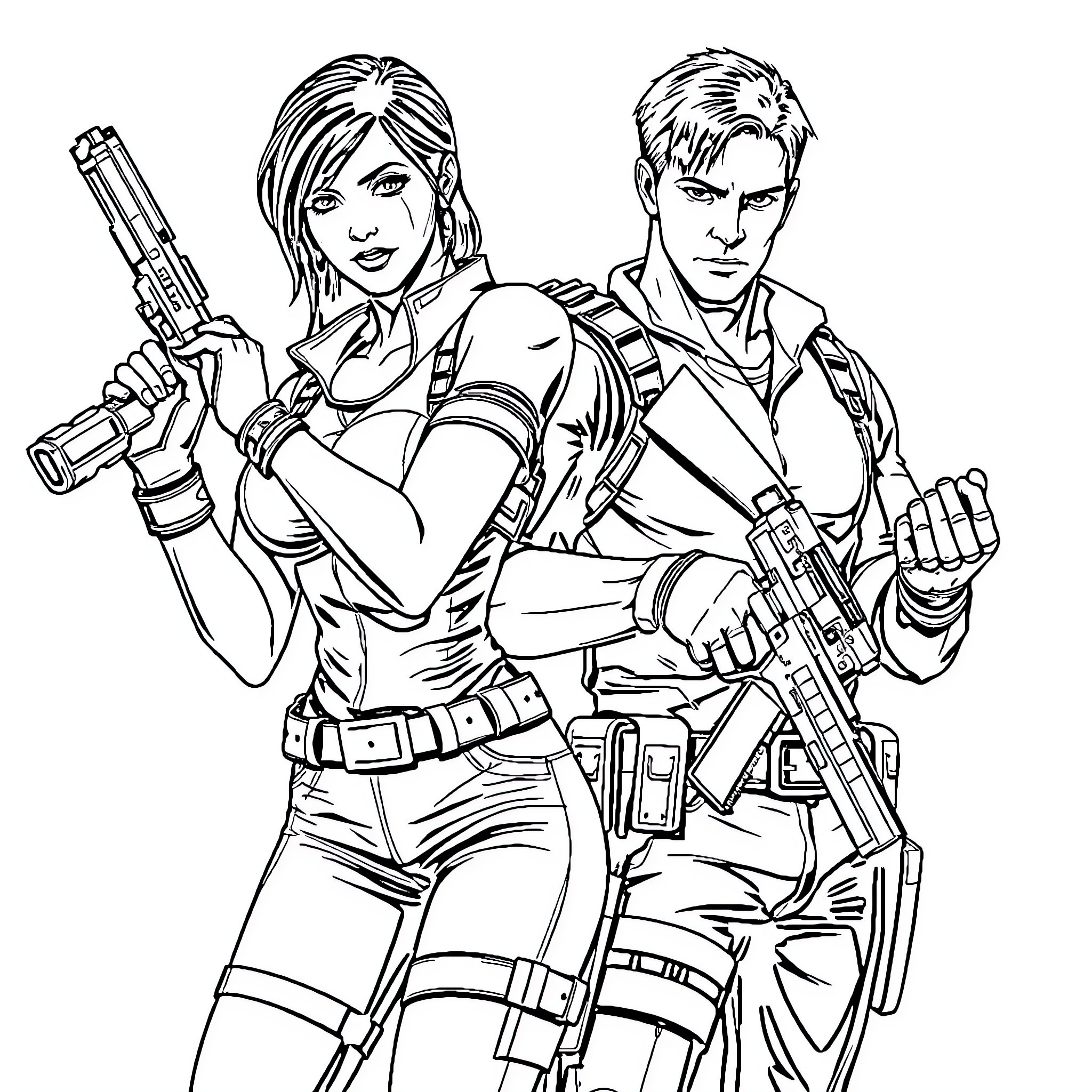 Jill Valentine and partner engage in tactical combat Coloring Page (free black-and-white line drawing printable PDF for all, from beginners to advanced learners, including children, teens, adults, and seniors)