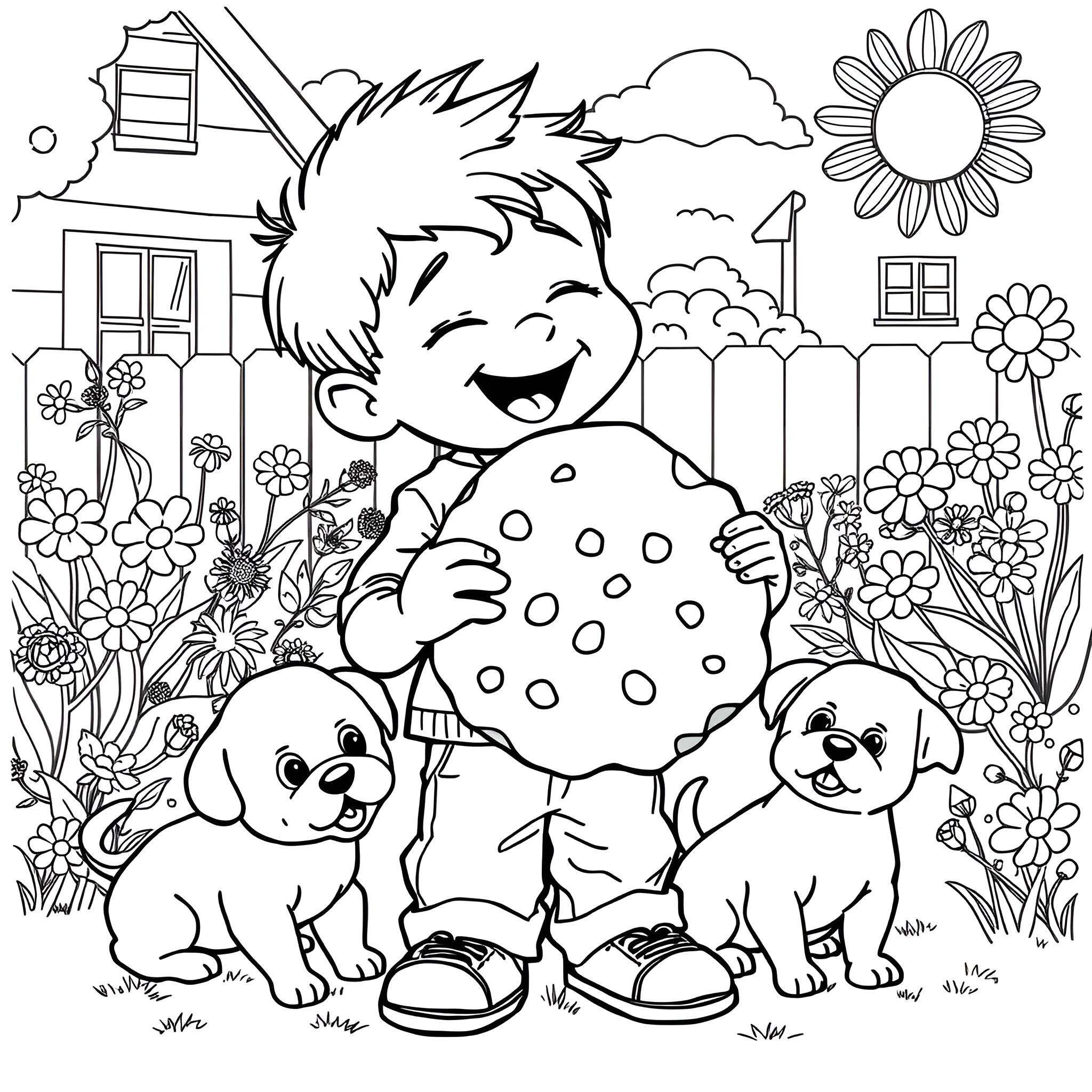Boy playing happily with puppies in the garden Coloring Page (free black-and-white line drawing printable PDF for all, from beginners to advanced learners, including children, teens, adults, and seniors)