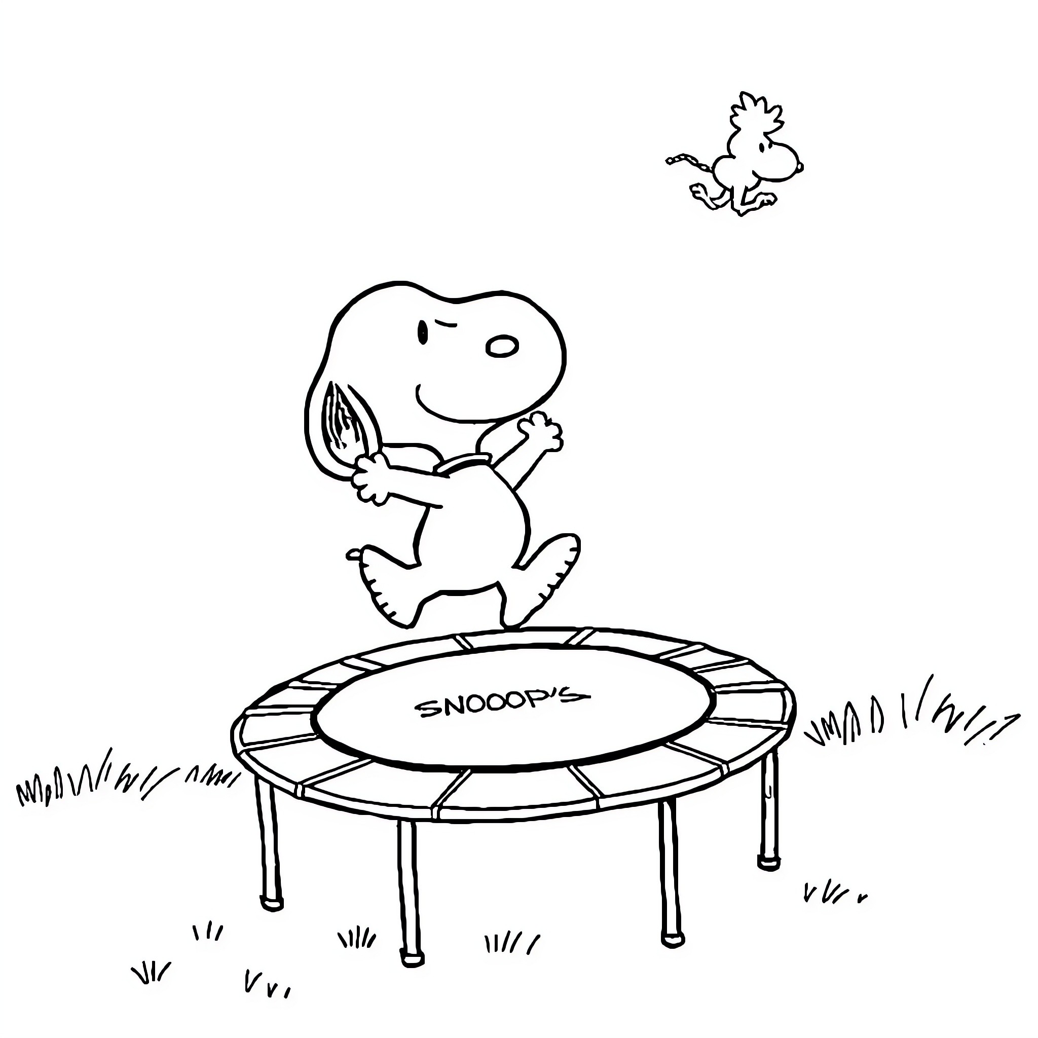 Snoopy jumping on trampoline with bird Coloring Page (free black-and-white line drawing printable PDF for all, from beginners to advanced learners, including children, teens, adults, and seniors)