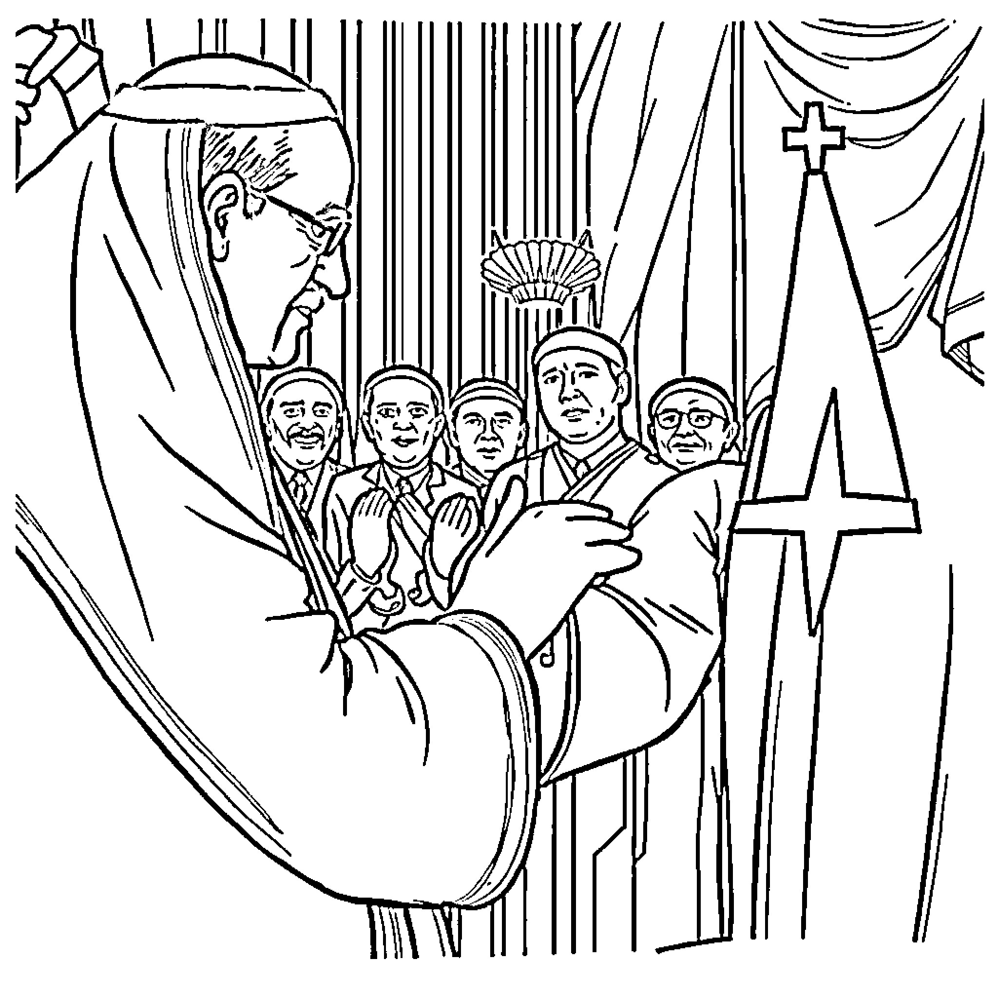 President presiding over a religious ceremony with clergy Coloring Page (free black-and-white line drawing printable PDF for all, from beginners to advanced learners, including children, teens, adults, and seniors)