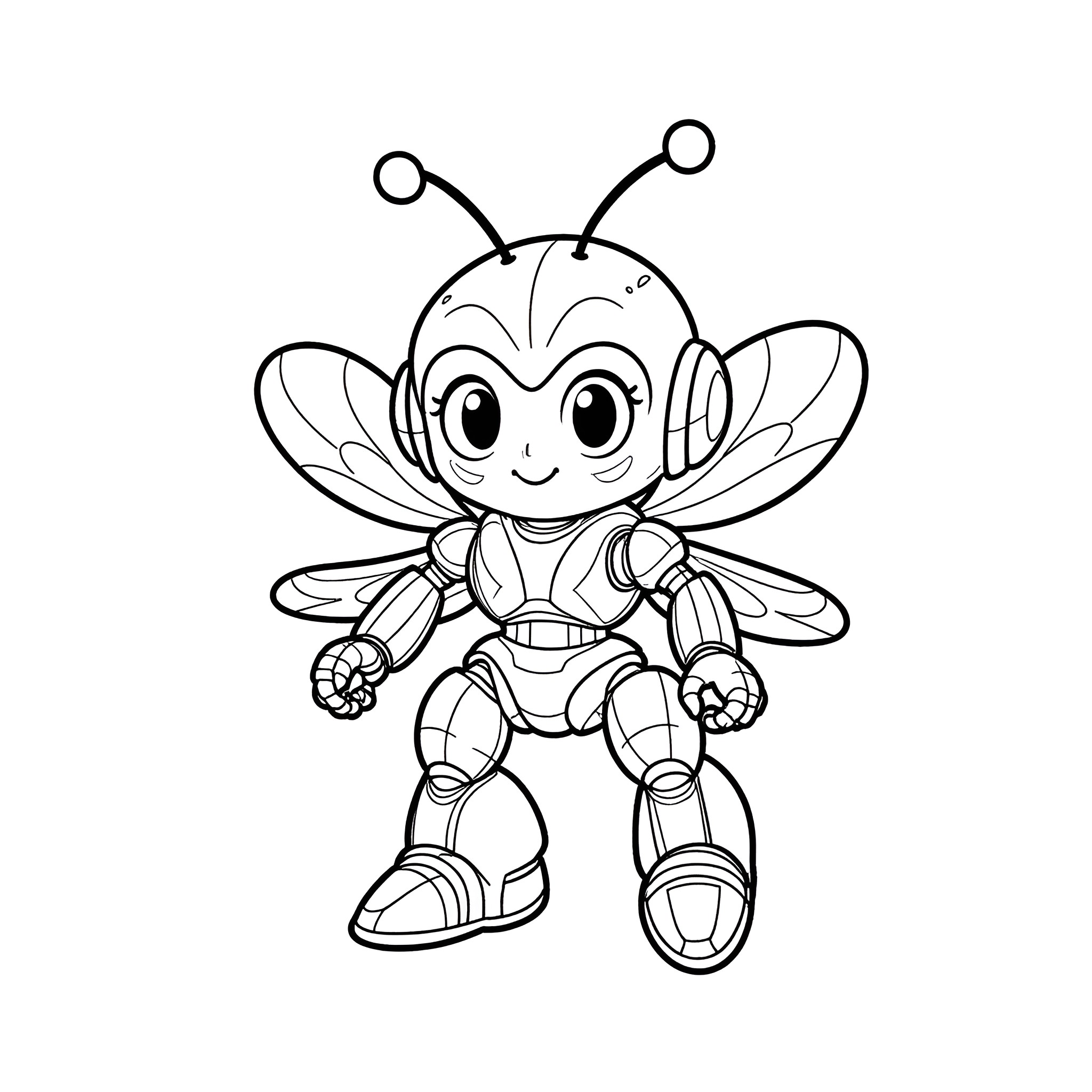 Bumblebee robot character in a smiling pose Coloring Page (free black-and-white line drawing printable PDF for all, from beginners to advanced learners, including children, teens, adults, and seniors)