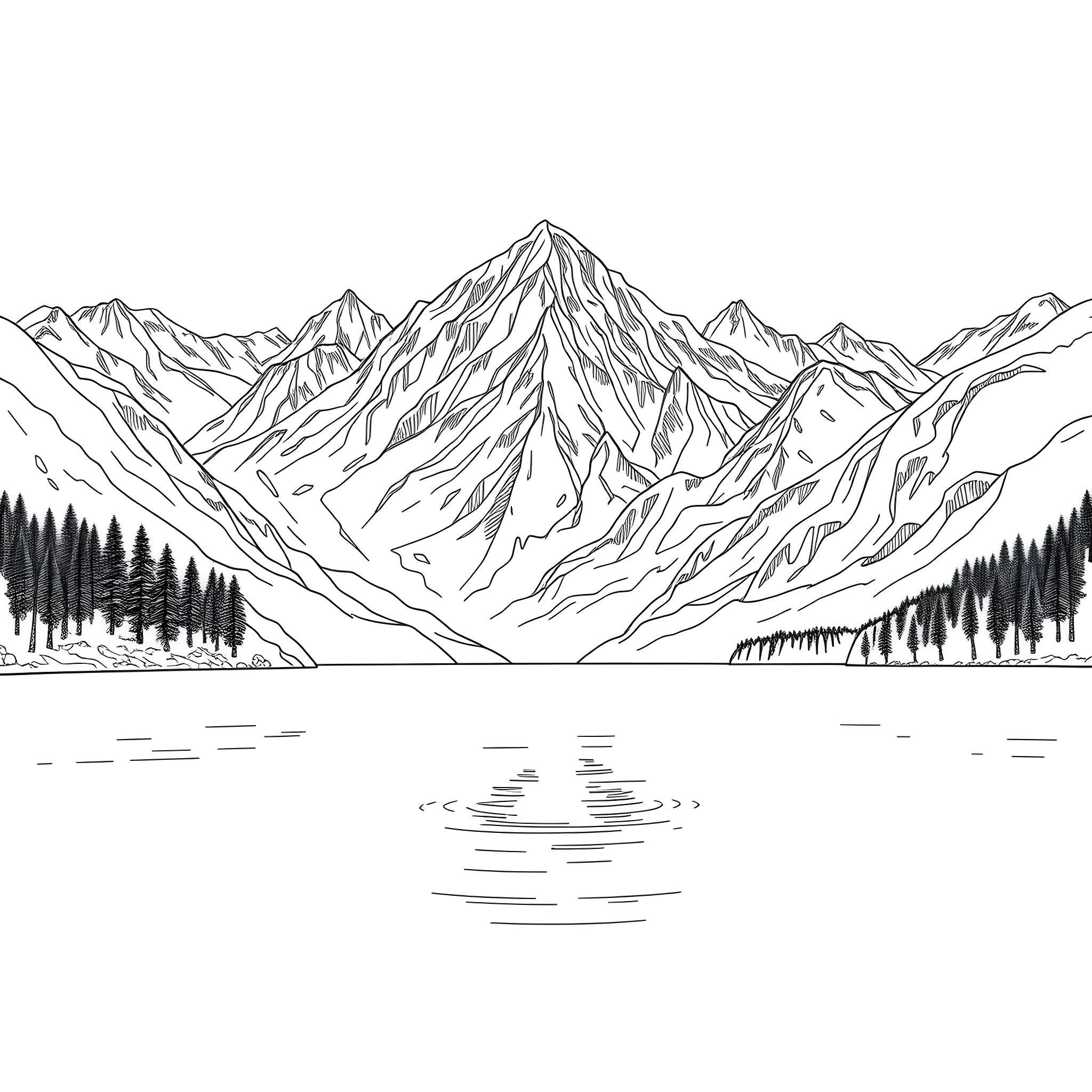 Graphic Mountain Landscape with Serene Lake Coloring Page (free black-and-white line drawing printable PDF for all, from beginners to advanced learners, including children, teens, adults, and seniors)