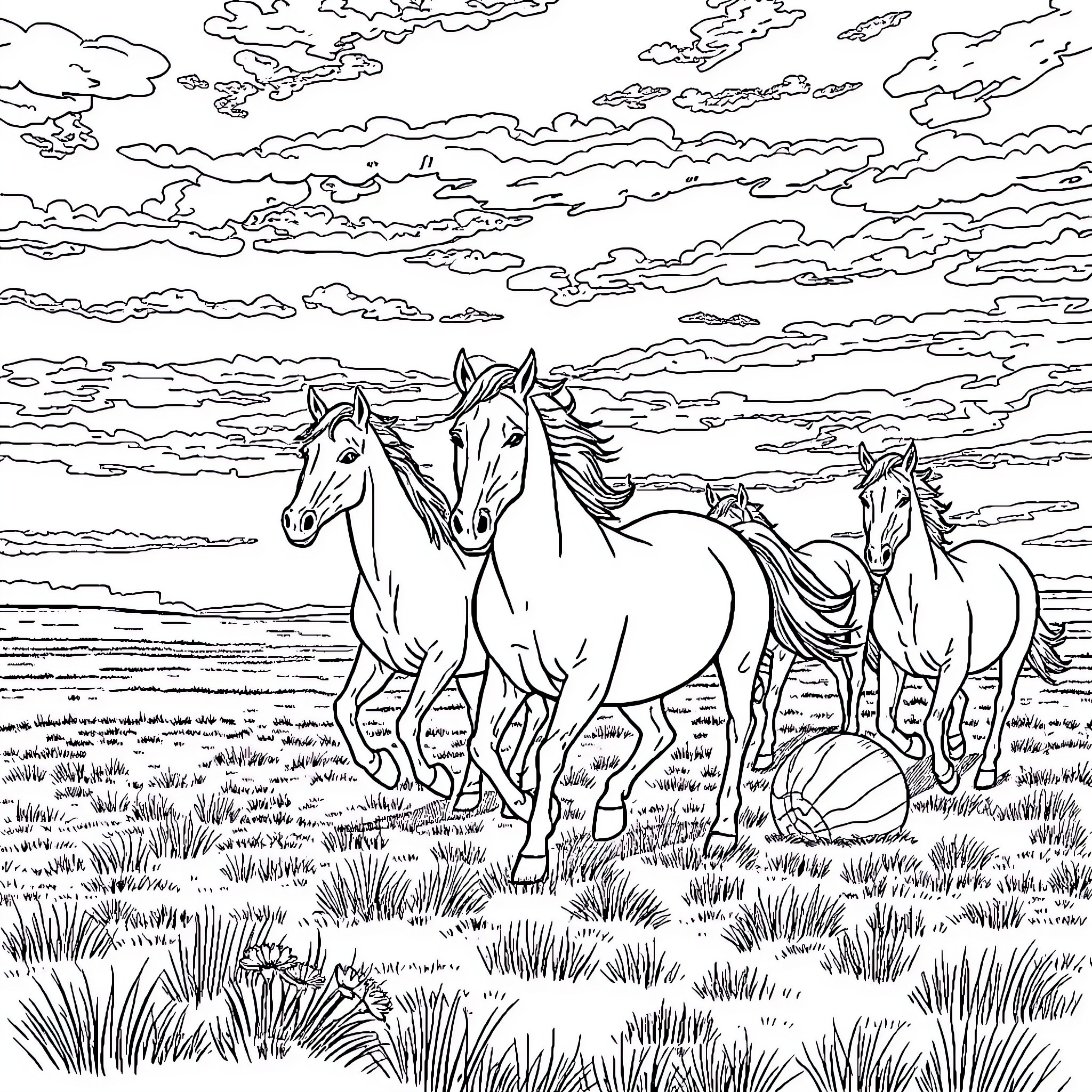 Horses galloping through a scenic field Coloring Page (free black-and-white line drawing printable PDF for all, from beginners to advanced learners, including children, teens, adults, and seniors)