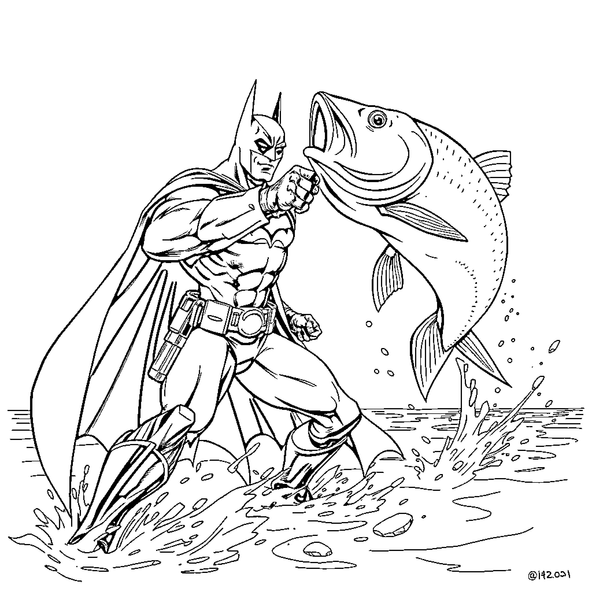 Batman confronting a giant fish in an underwater scene Coloring Page (free black-and-white line drawing printable PDF for all, from beginners to advanced learners, including children, teens, adults, and seniors)