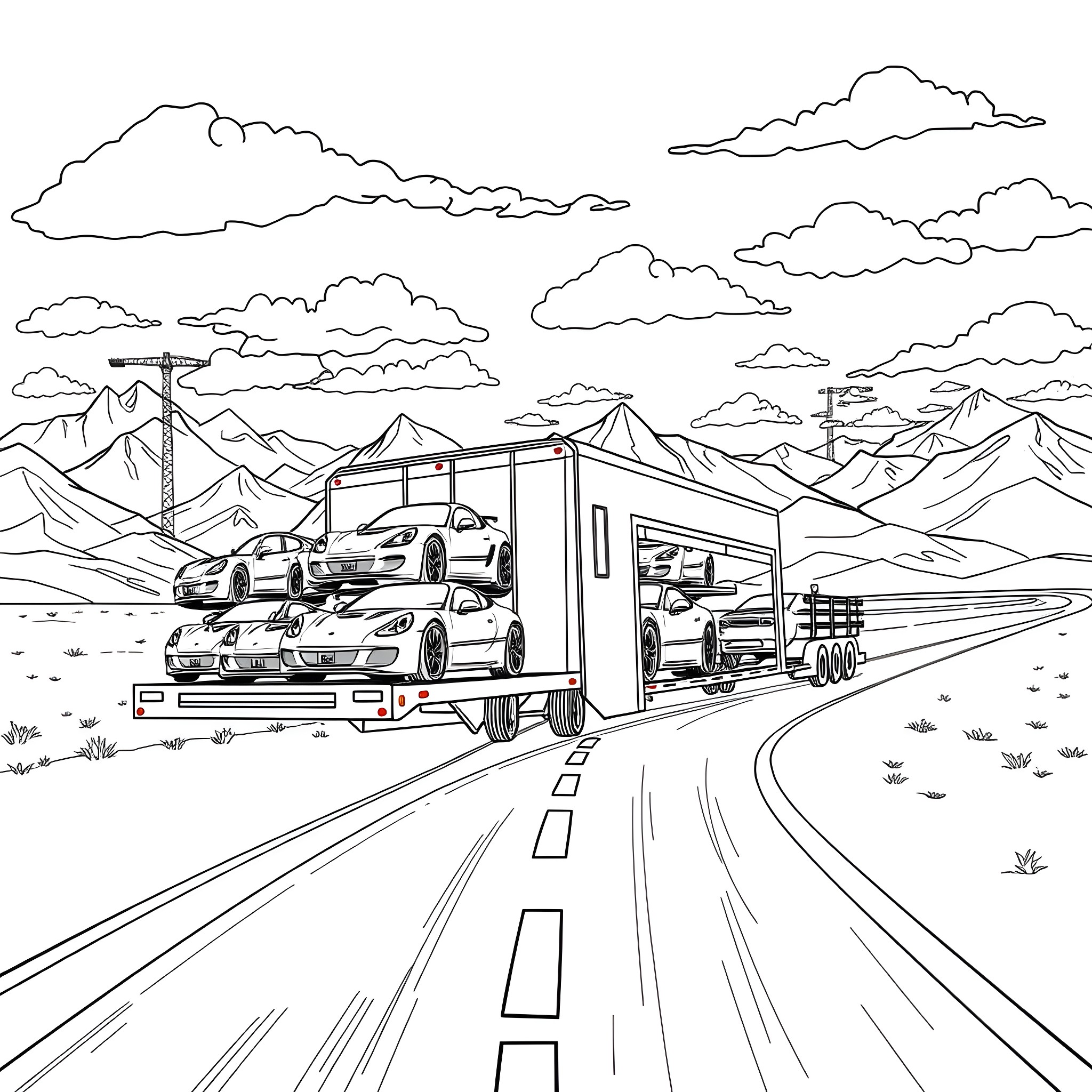 Car Hauler Transporting Vehicles on Mountain Road Coloring Page (free black-and-white line drawing printable PDF for all, from beginners to advanced learners, including children, teens, adults, and seniors)