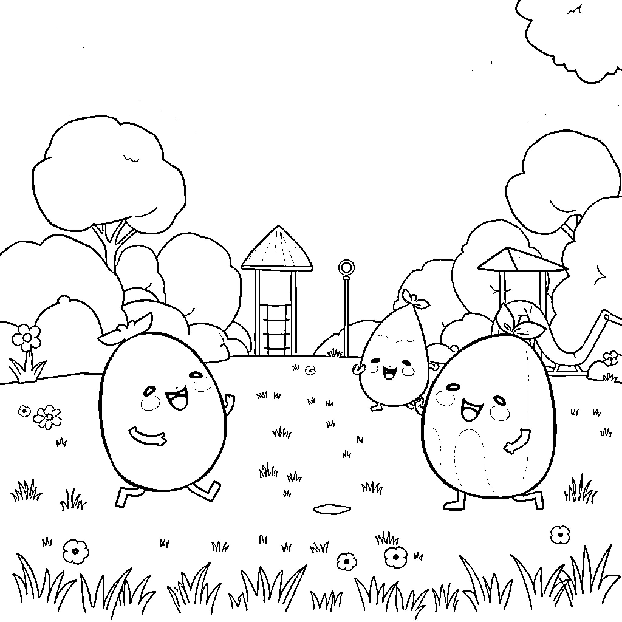 Cocomelon friends enjoying a playful day outdoors Coloring Page (free black-and-white line drawing printable PDF for all, from beginners to advanced learners, including children, teens, adults, and seniors)