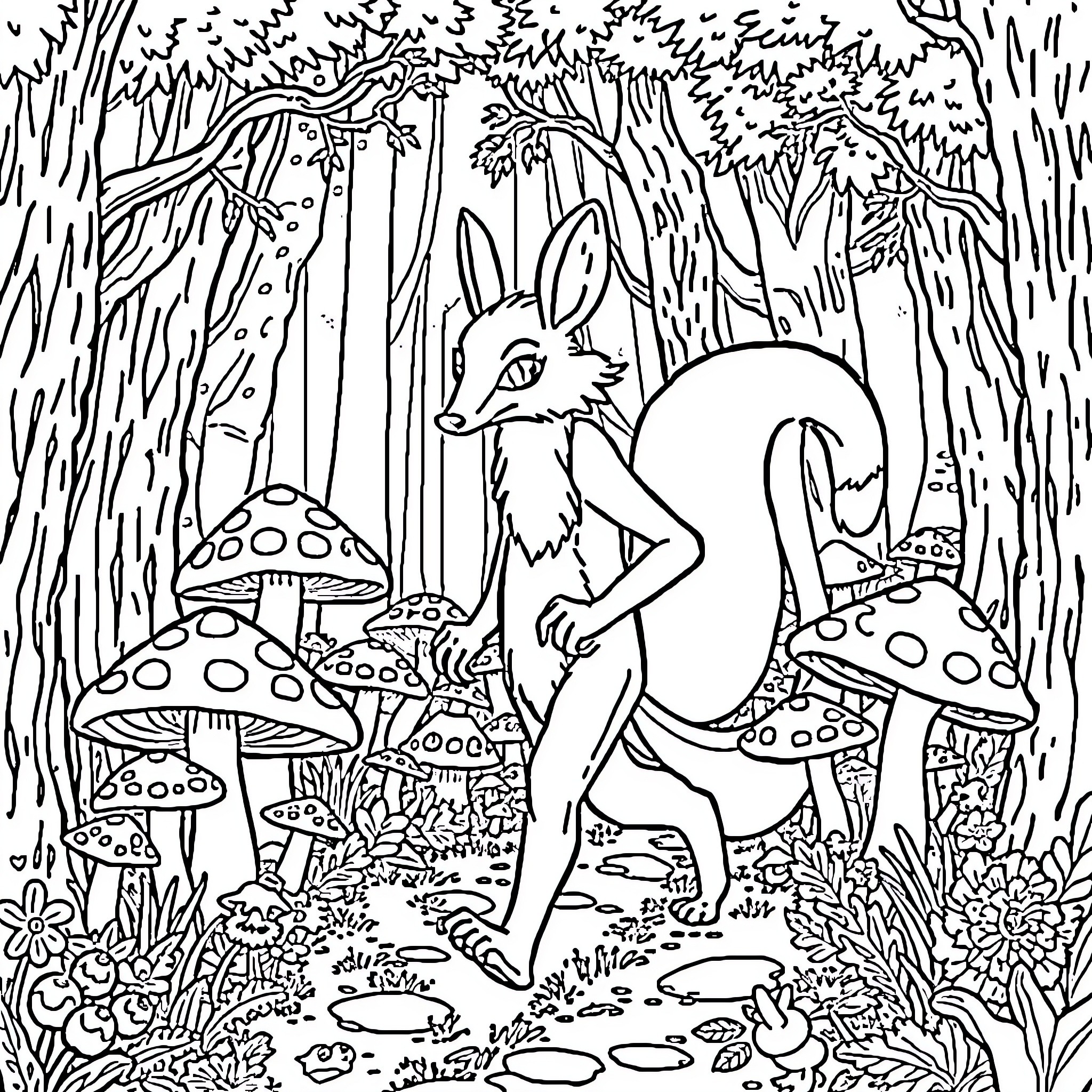 Man Weasel explores magical mushroom forest Coloring Page (free black-and-white line drawing printable PDF for all, from beginners to advanced learners, including children, teens, adults, and seniors)