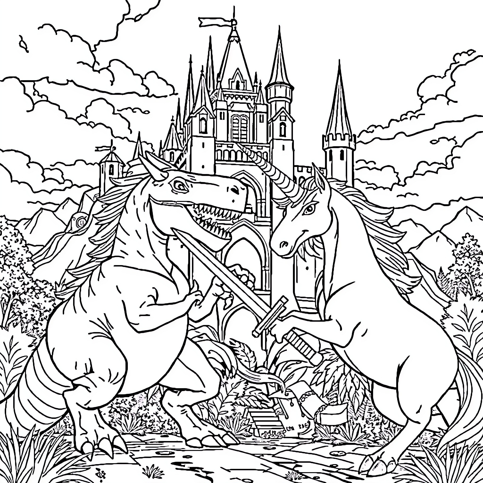 Unicorn Guarding the Enchanted Castle Coloring Page (free black-and-white line drawing printable PDF for all, from beginners to advanced learners, including children, teens, adults, and seniors)