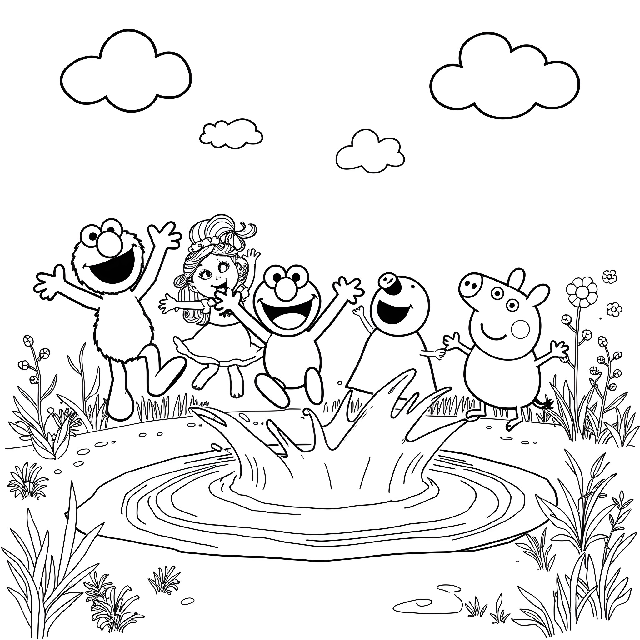 Elmo and friends playing joyfully in the meadow Coloring Page (free black-and-white line drawing printable PDF for all, from beginners to advanced learners, including children, teens, adults, and seniors)