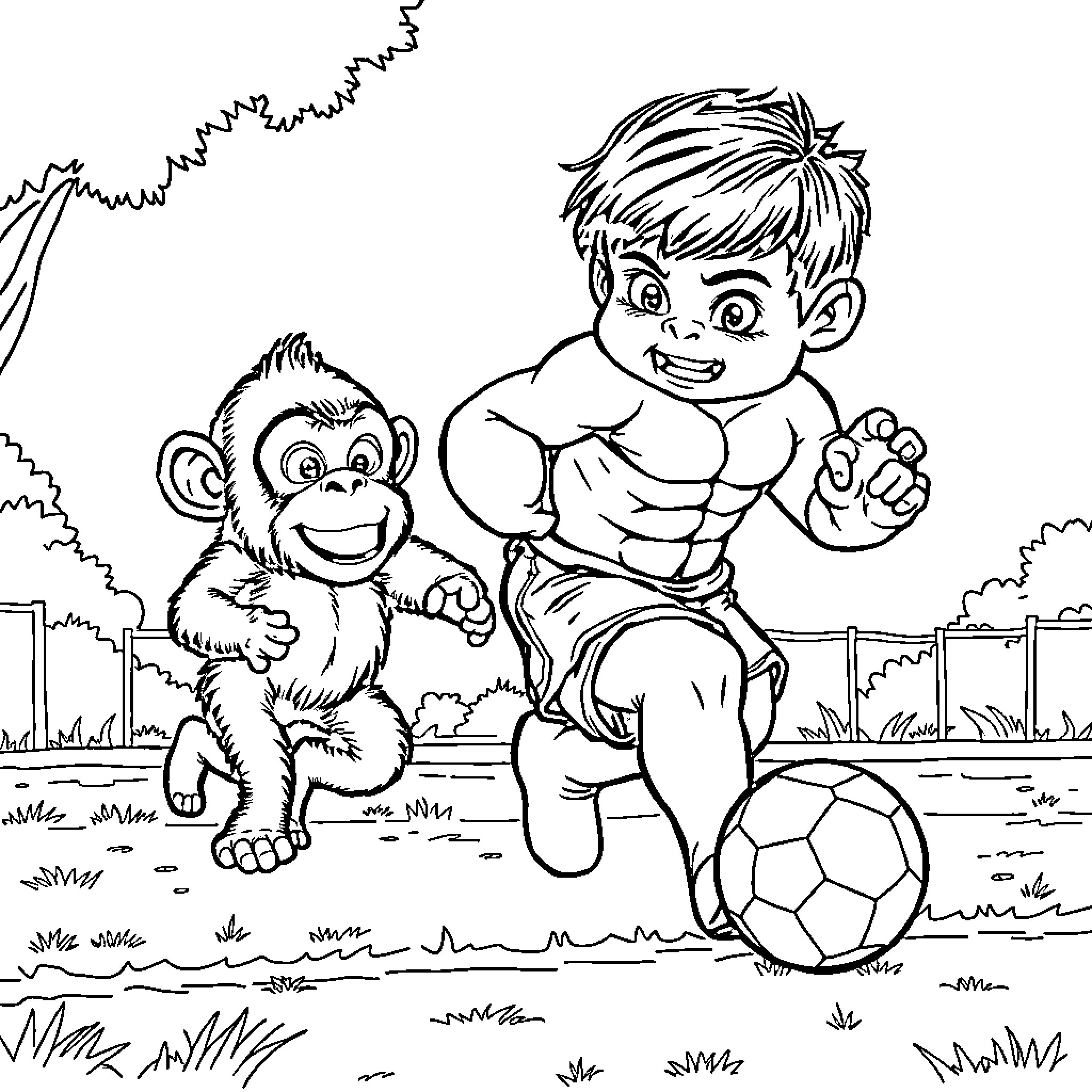Bébé Hulk playing soccer with monkey friend Coloring Page (free black-and-white line drawing printable PDF for all, from beginners to advanced learners, including children, teens, adults, and seniors)