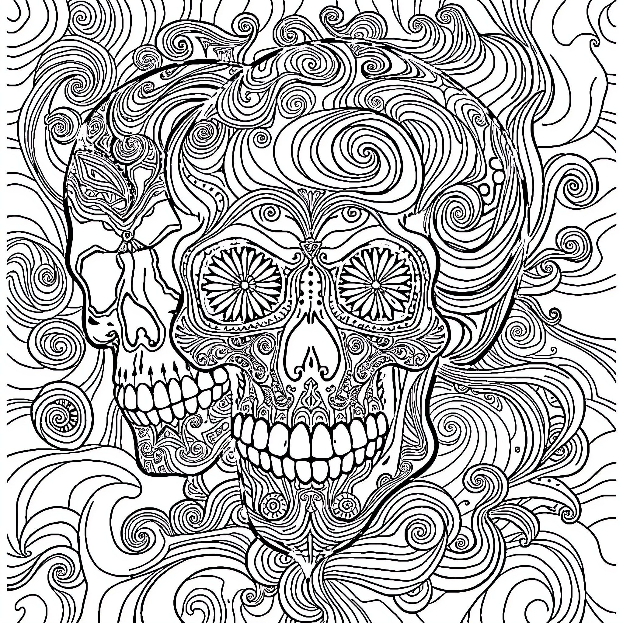 Skull with intricate patterns and swirling designs Coloring Page (free black-and-white line drawing printable PDF for all, from beginners to advanced learners, including children, teens, adults, and seniors)