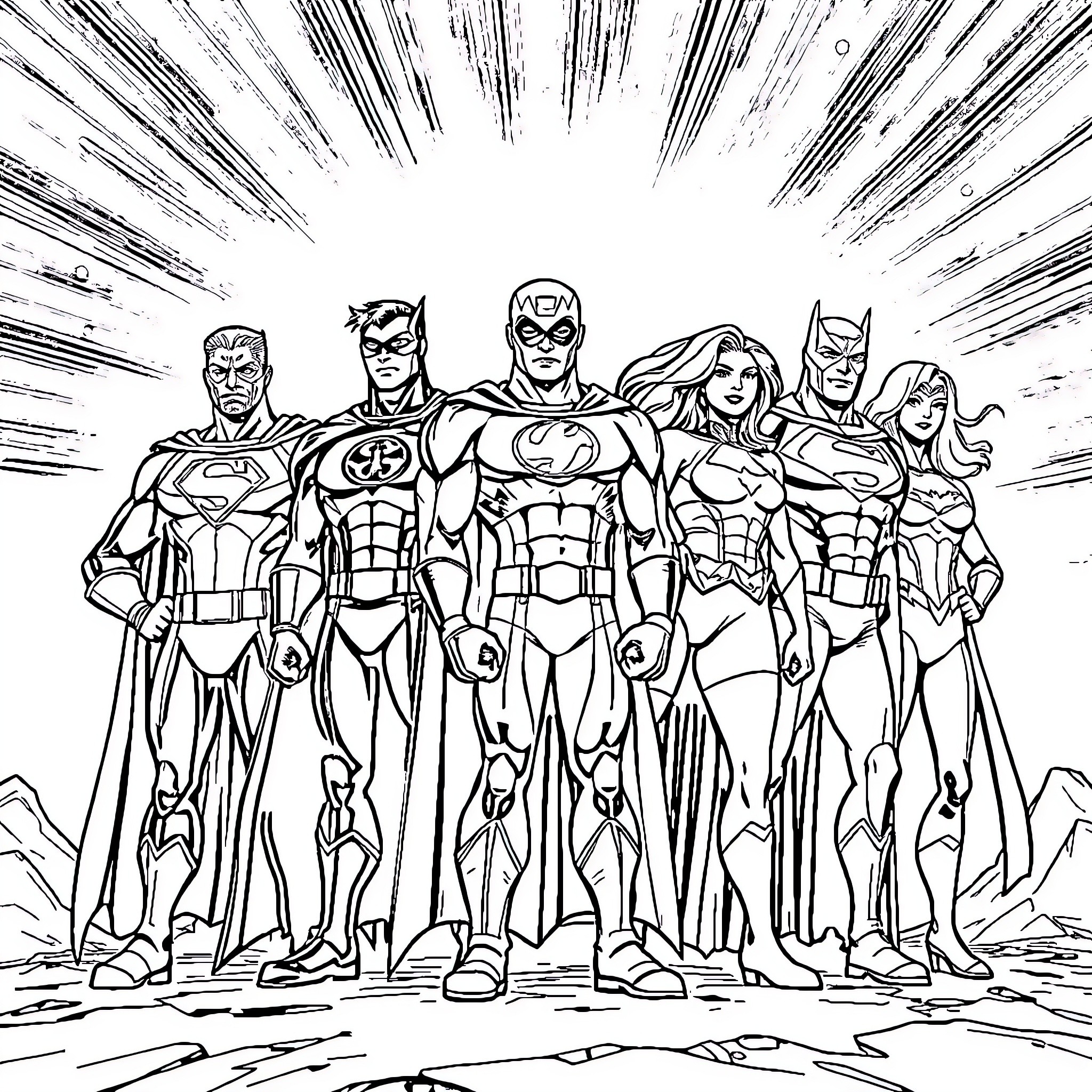 Superhero team in action-packed pose Coloring Page (free black-and-white line drawing printable PDF for all, from beginners to advanced learners, including children, teens, adults, and seniors)