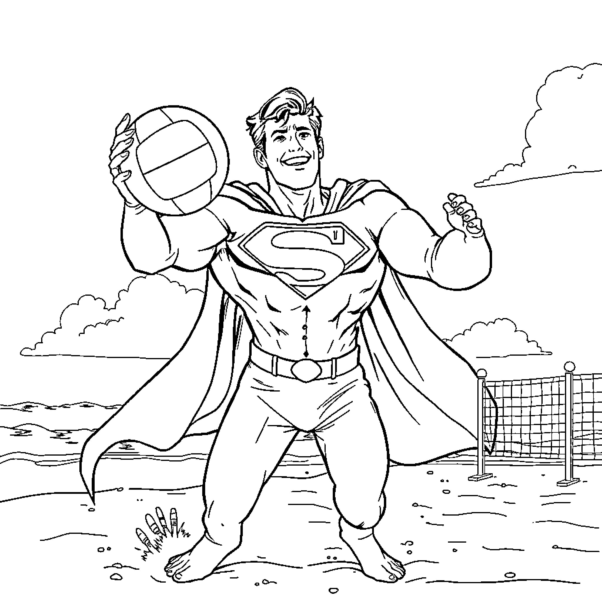 Superman Heroically Saves the Day on the Beach Coloring Page (free black-and-white line drawing printable PDF for all, from beginners to advanced learners, including children, teens, adults, and seniors)