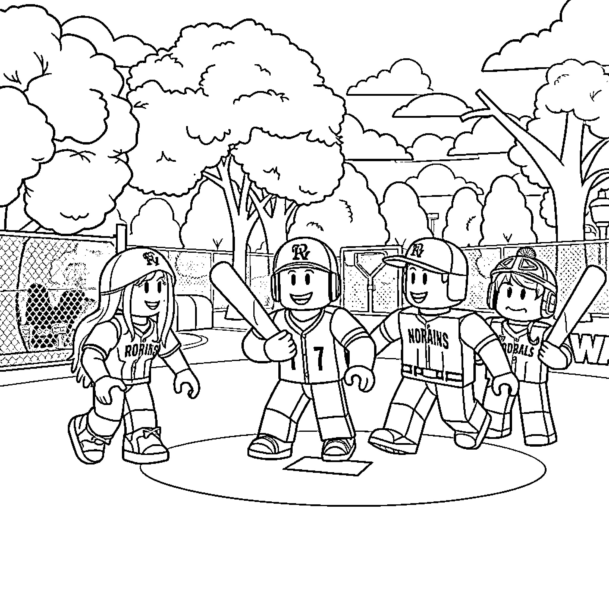 Roblox characters playing baseball on the field Coloring Page (free black-and-white line drawing printable PDF for all, from beginners to advanced learners, including children, teens, adults, and seniors)
