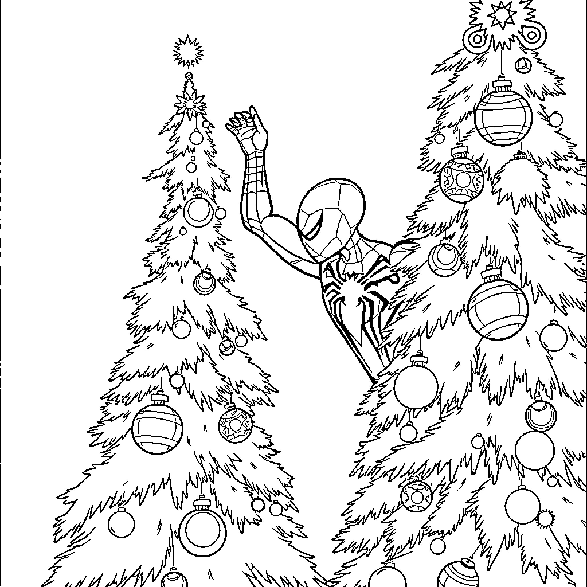 Spider-Man decorating Christmas trees with ornaments Coloring Page (free black-and-white line drawing printable PDF for all, from beginners to advanced learners, including children, teens, adults, and seniors)