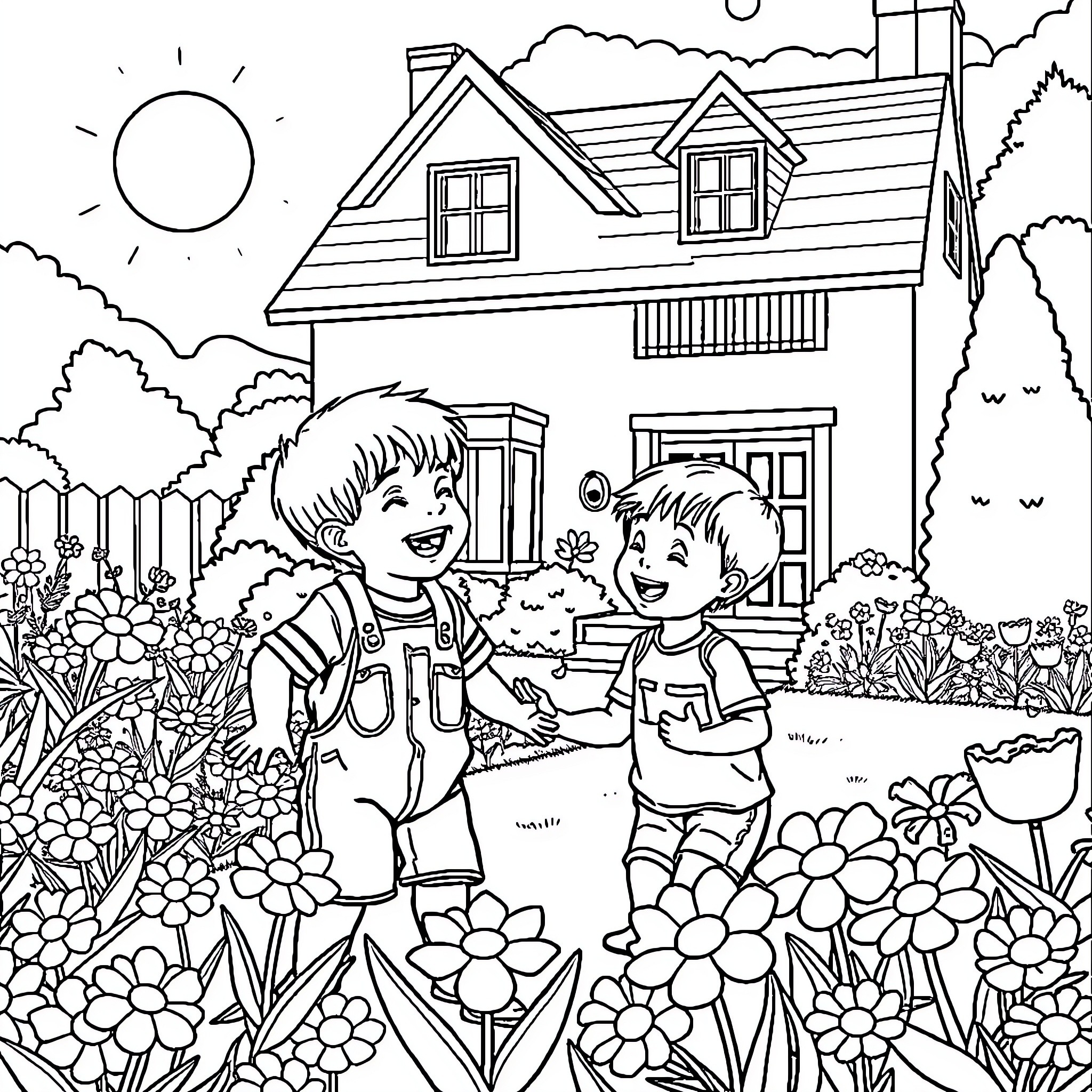 Boy and friend playing happily in floral garden Coloring Page (free black-and-white line drawing printable PDF for all, from beginners to advanced learners, including children, teens, adults, and seniors)