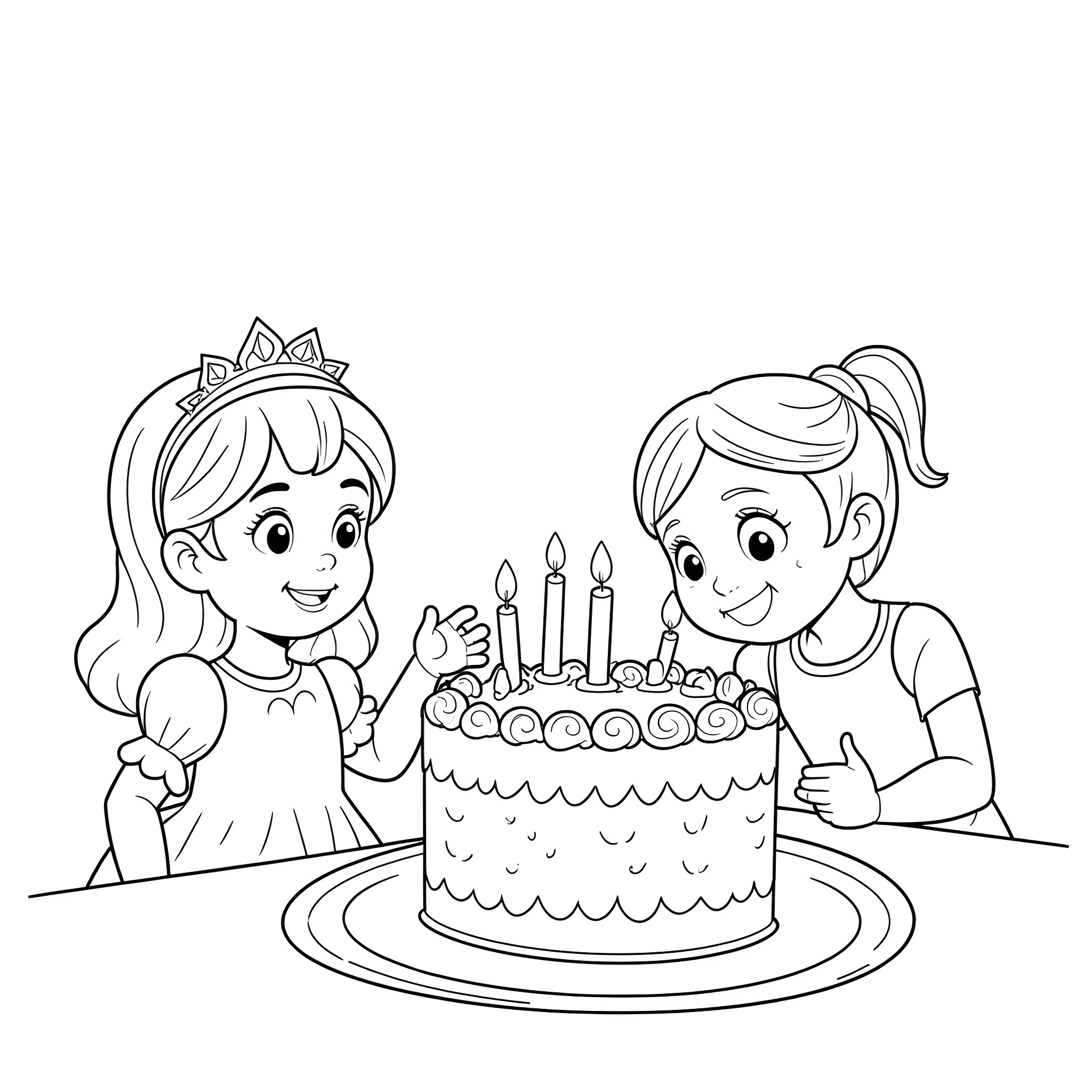 Princess celebrating birthday with friend Coloring Page (free black-and-white line drawing printable PDF for all, from beginners to advanced learners, including children, teens, adults, and seniors)