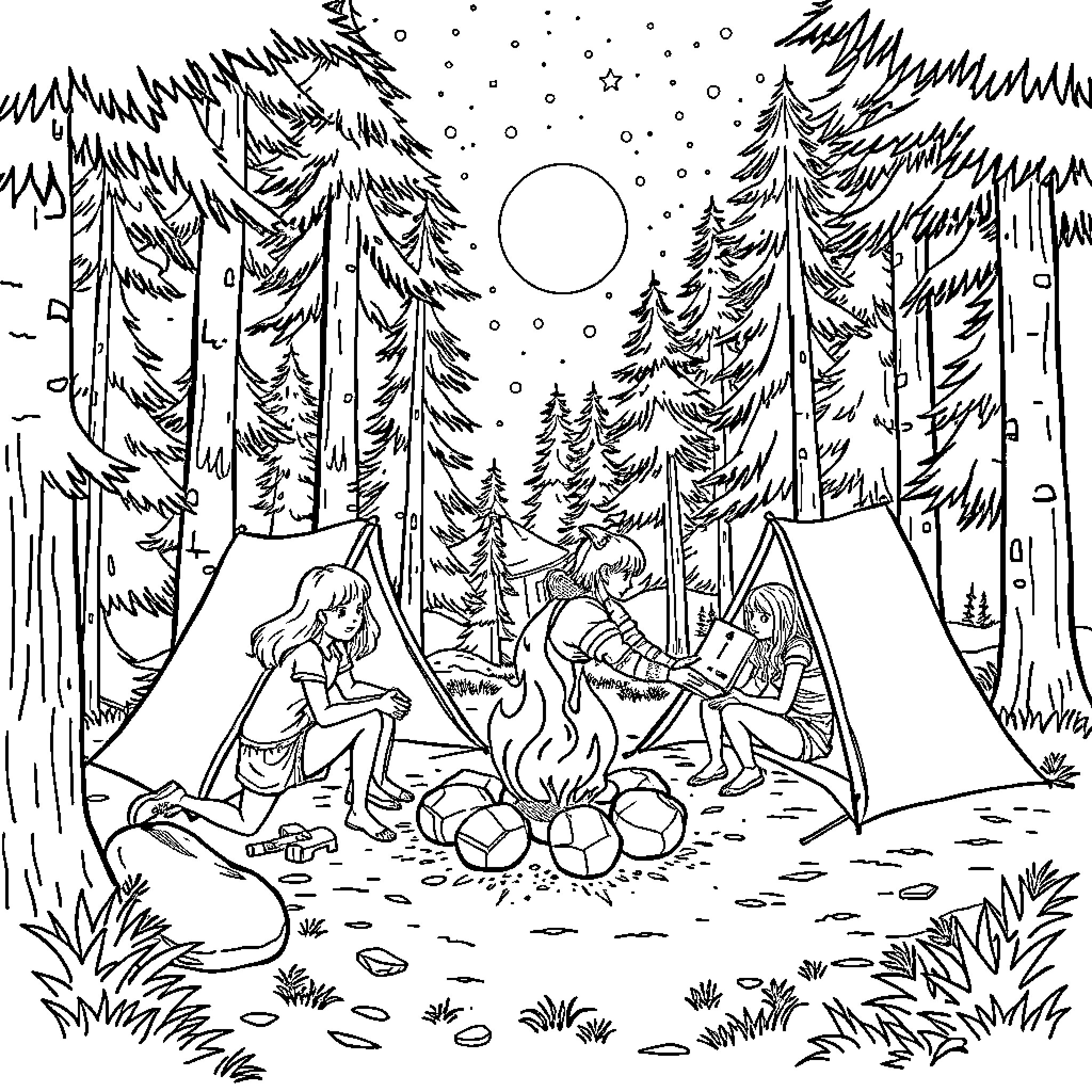 Girlguiding friends enjoy campfire outdoors in forest Coloring Page (free black-and-white line drawing printable PDF for all, from beginners to advanced learners, including children, teens, adults, and seniors)