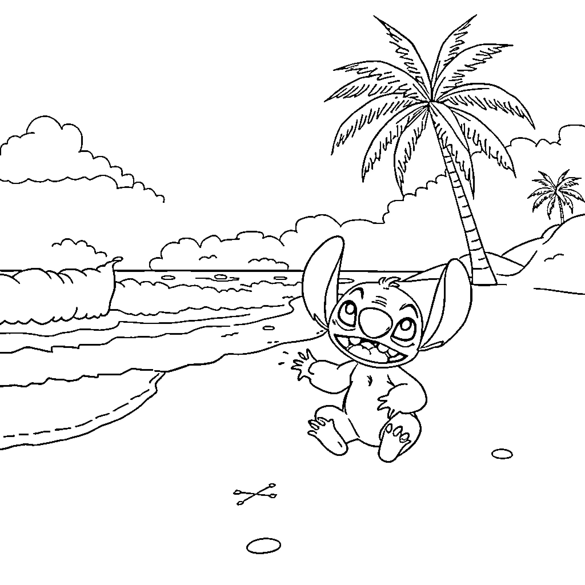 Lilo playing happily on the beach Coloring Page (free black-and-white line drawing printable PDF for all, from beginners to advanced learners, including children, teens, adults, and seniors)