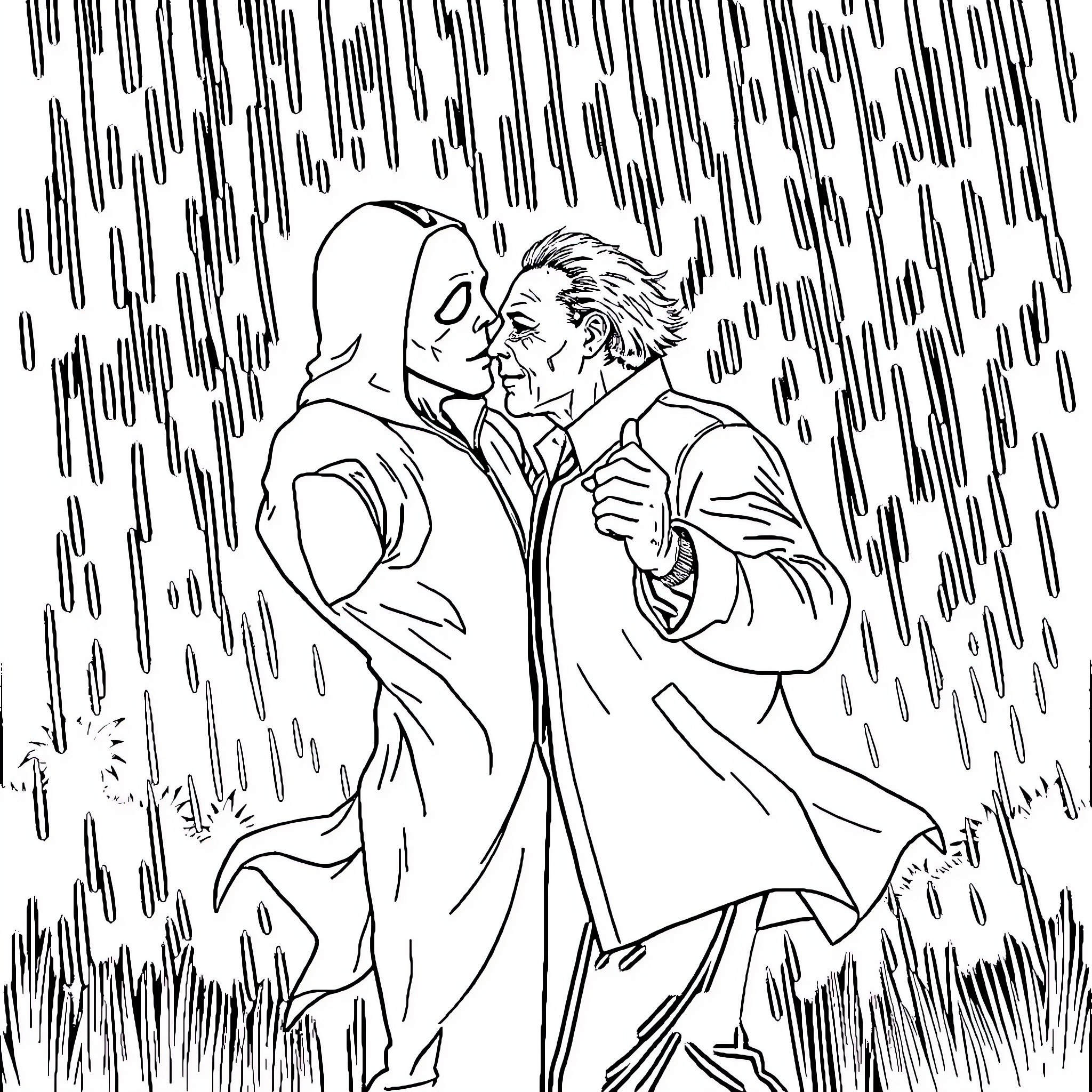 Ghostface characters in passionate embrace in the rain Coloring Page (free black-and-white line drawing printable PDF for all, from beginners to advanced learners, including children, teens, adults, and seniors)