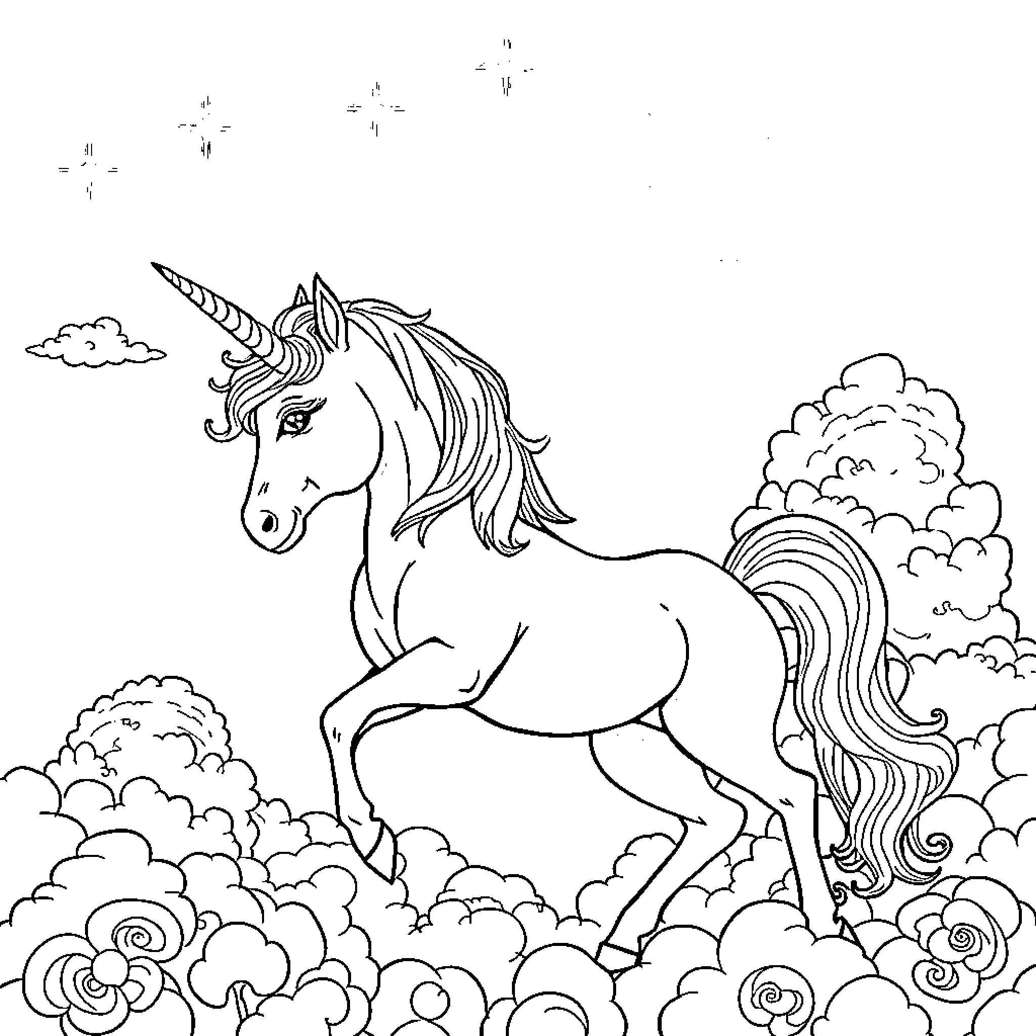 Unicorn running through whimsical clouds Coloring Page (free black-and-white line drawing printable PDF for all, from beginners to advanced learners, including children, teens, adults, and seniors)