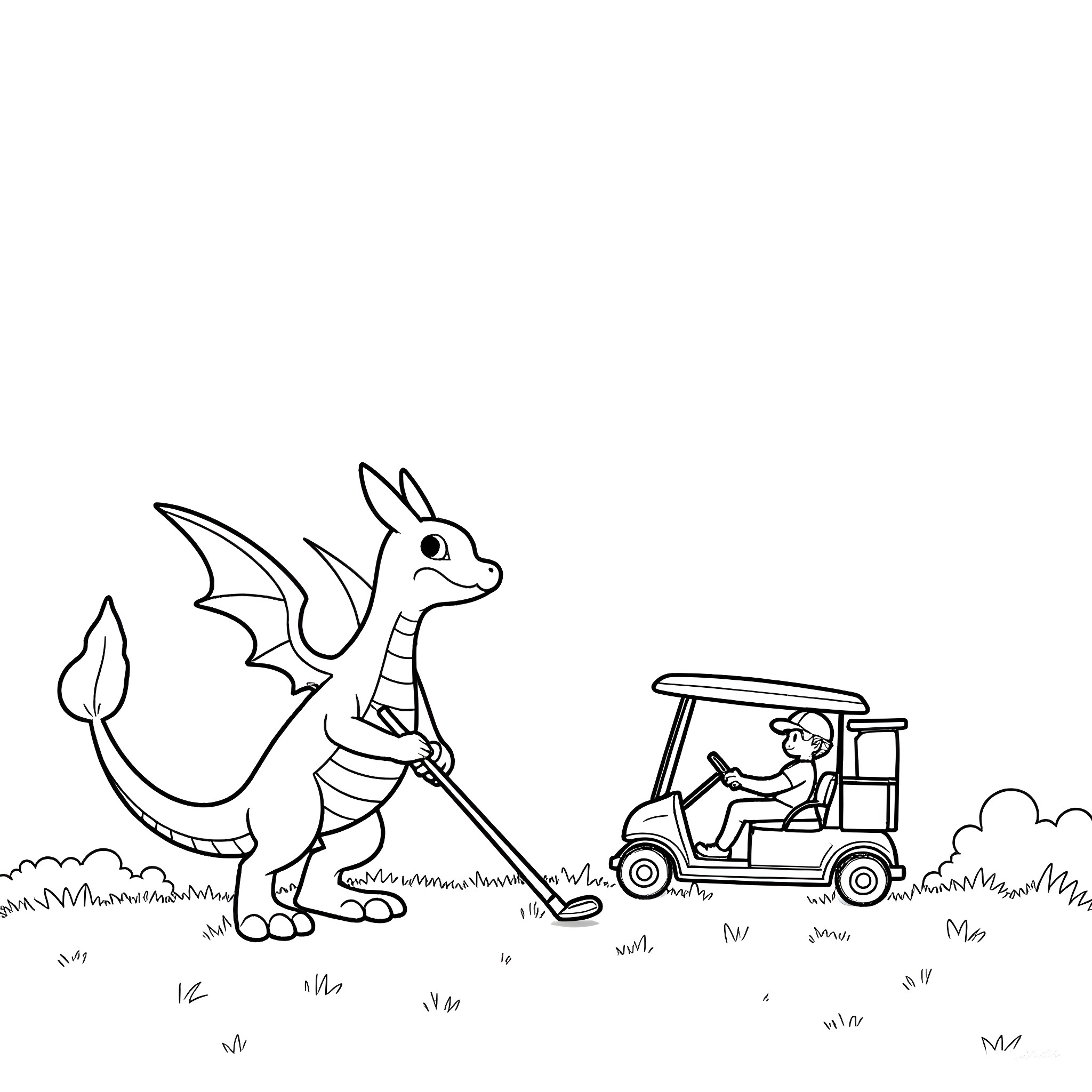 Charizard golfer playing on the course Coloring Page (free black-and-white line drawing printable PDF for all, from beginners to advanced learners, including children, teens, adults, and seniors)