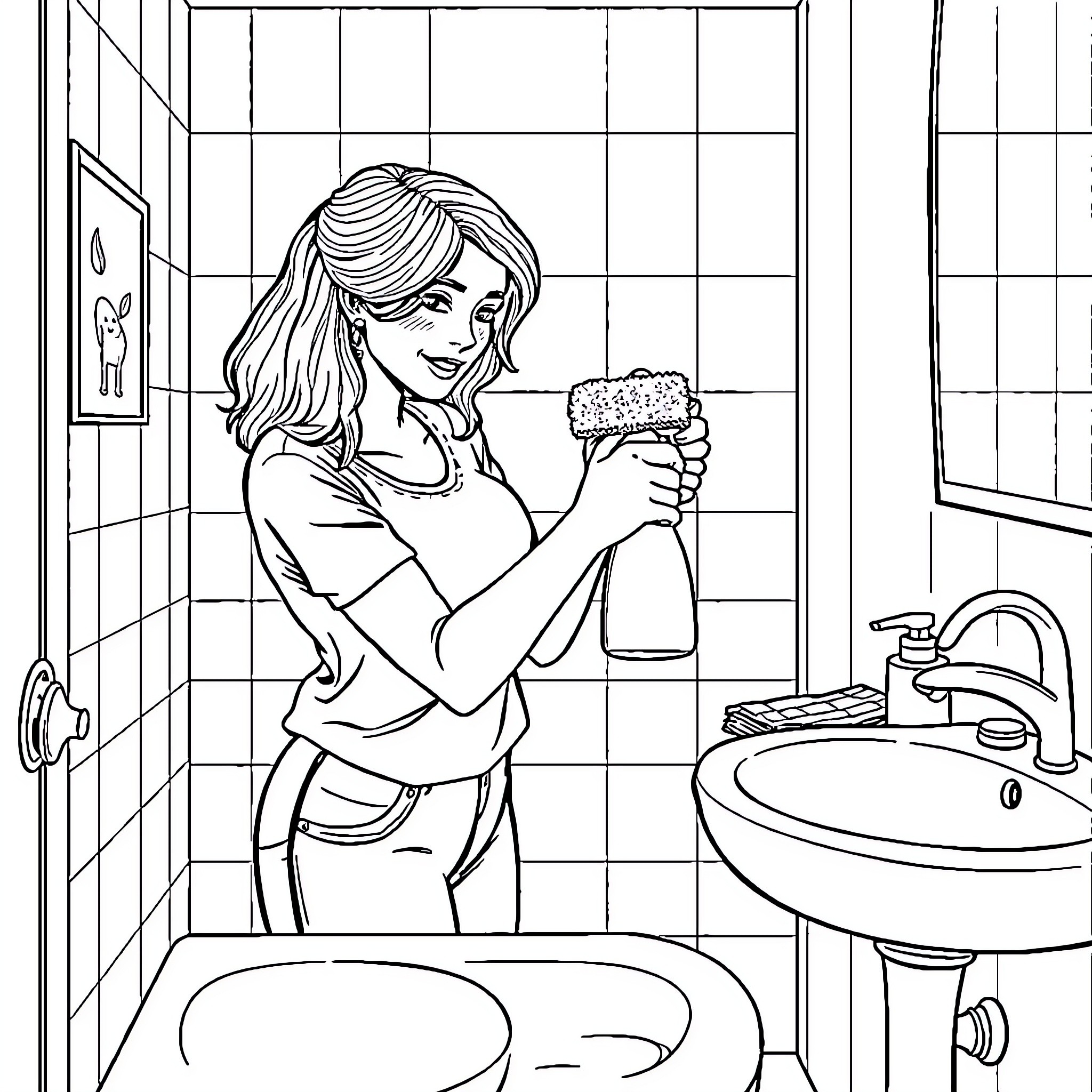 Woman cleaning bathroom with cleaning supplies Coloring Page (free black-and-white line drawing printable PDF for all, from beginners to advanced learners, including children, teens, adults, and seniors)