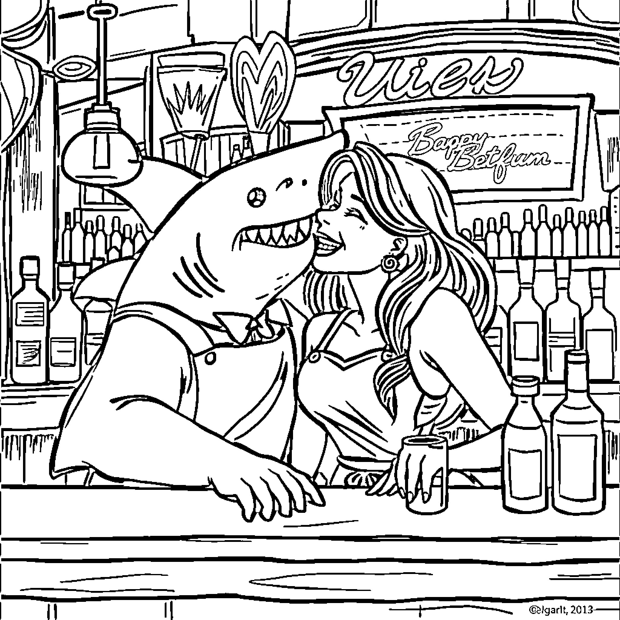 Shark Helping Bartender Prepare Drinks Coloring Page (free black-and-white line drawing printable PDF for all, from beginners to advanced learners, including children, teens, adults, and seniors)