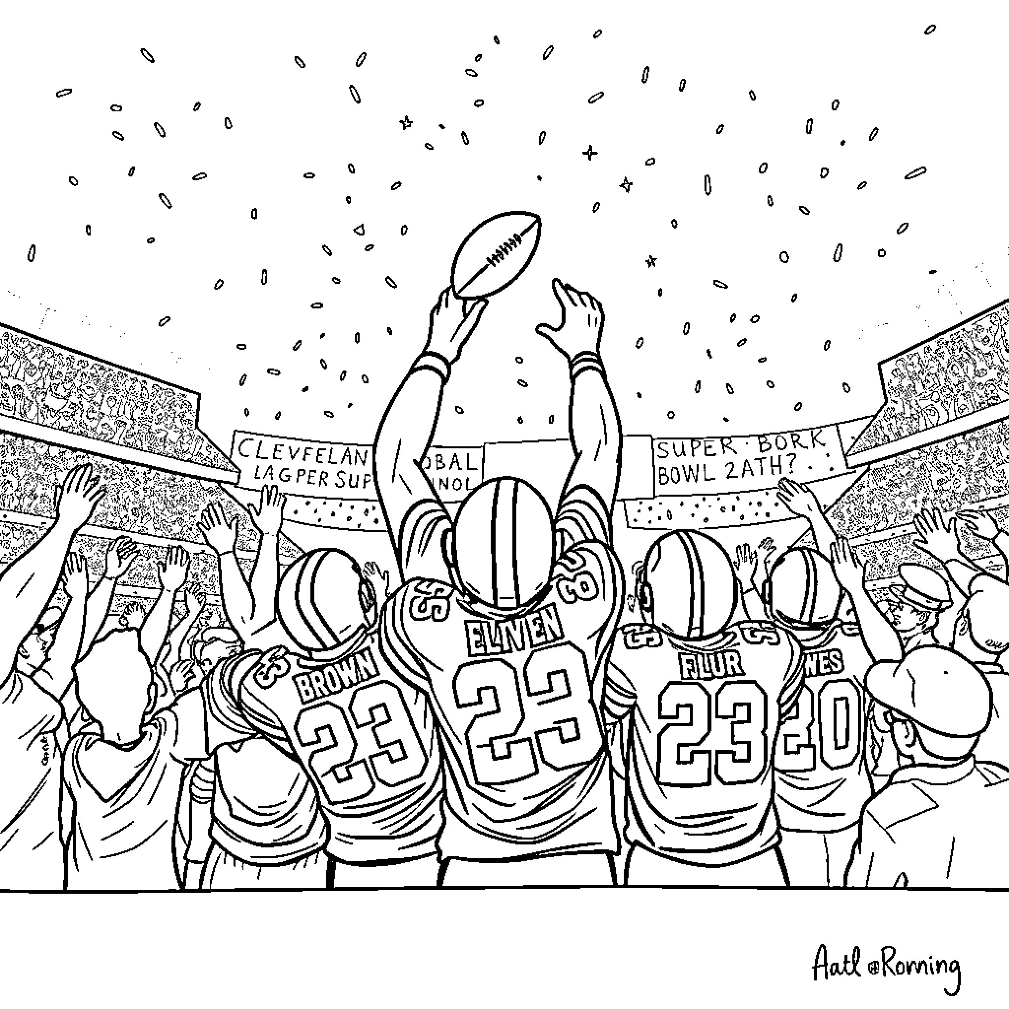 Cleveland Browns players celebrating Super Bowl victory Coloring Page (free black-and-white line drawing printable PDF for all, from beginners to advanced learners, including children, teens, adults, and seniors)