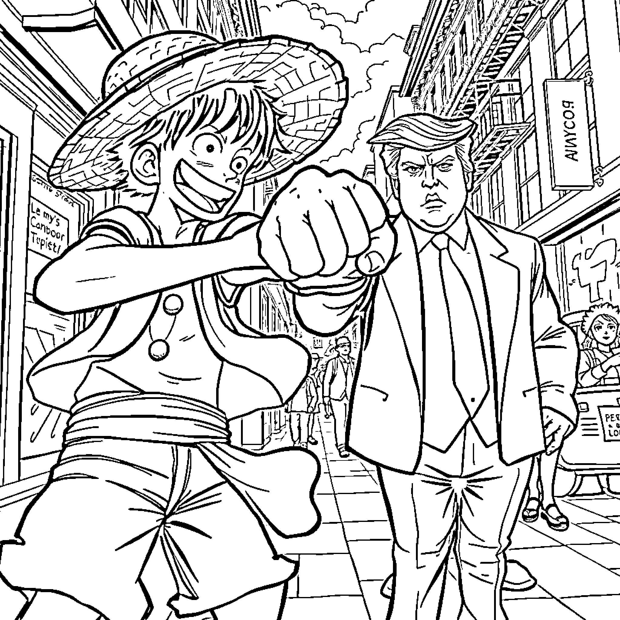 Luffy's Adventurous Encounter with a Suited Individual Coloring Page (free black-and-white line drawing printable PDF for all, from beginners to advanced learners, including children, teens, adults, and seniors)