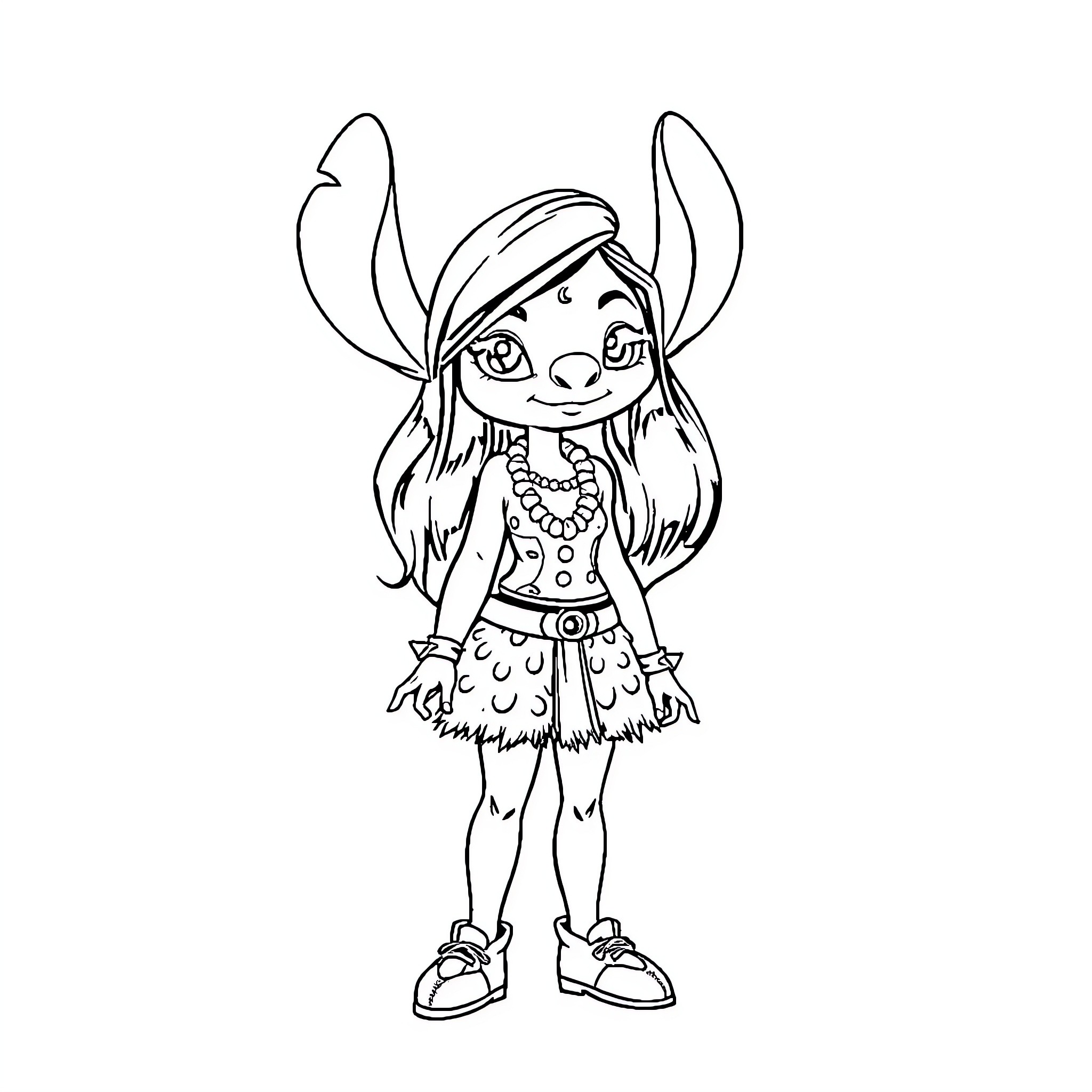 Lilo playing dress-up in cute outfit Coloring Page (free black-and-white line drawing printable PDF for all, from beginners to advanced learners, including children, teens, adults, and seniors)