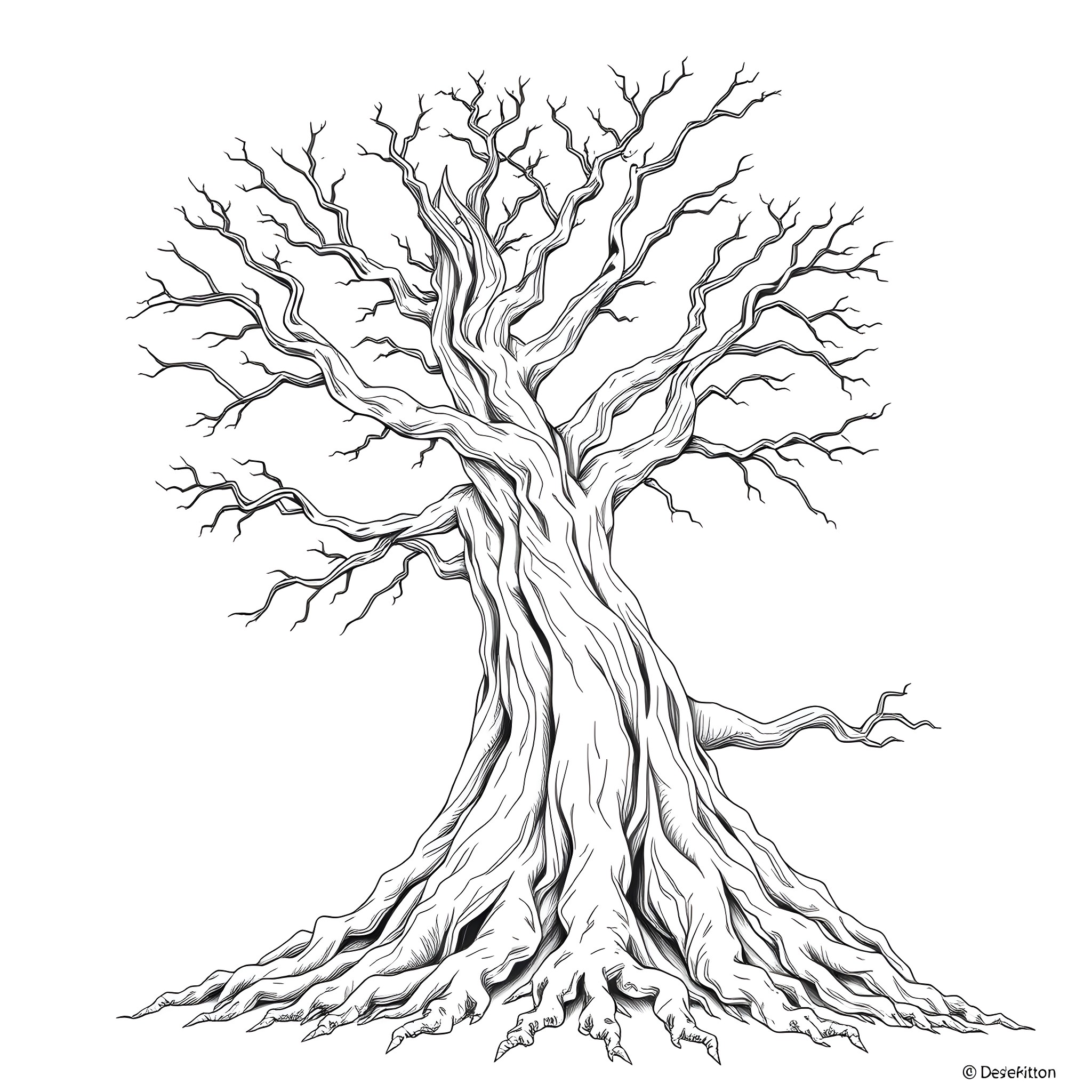 Spirit of an Enchanted Tree Coloring Page (free black-and-white line drawing printable PDF for all, from beginners to advanced learners, including children, teens, adults, and seniors)