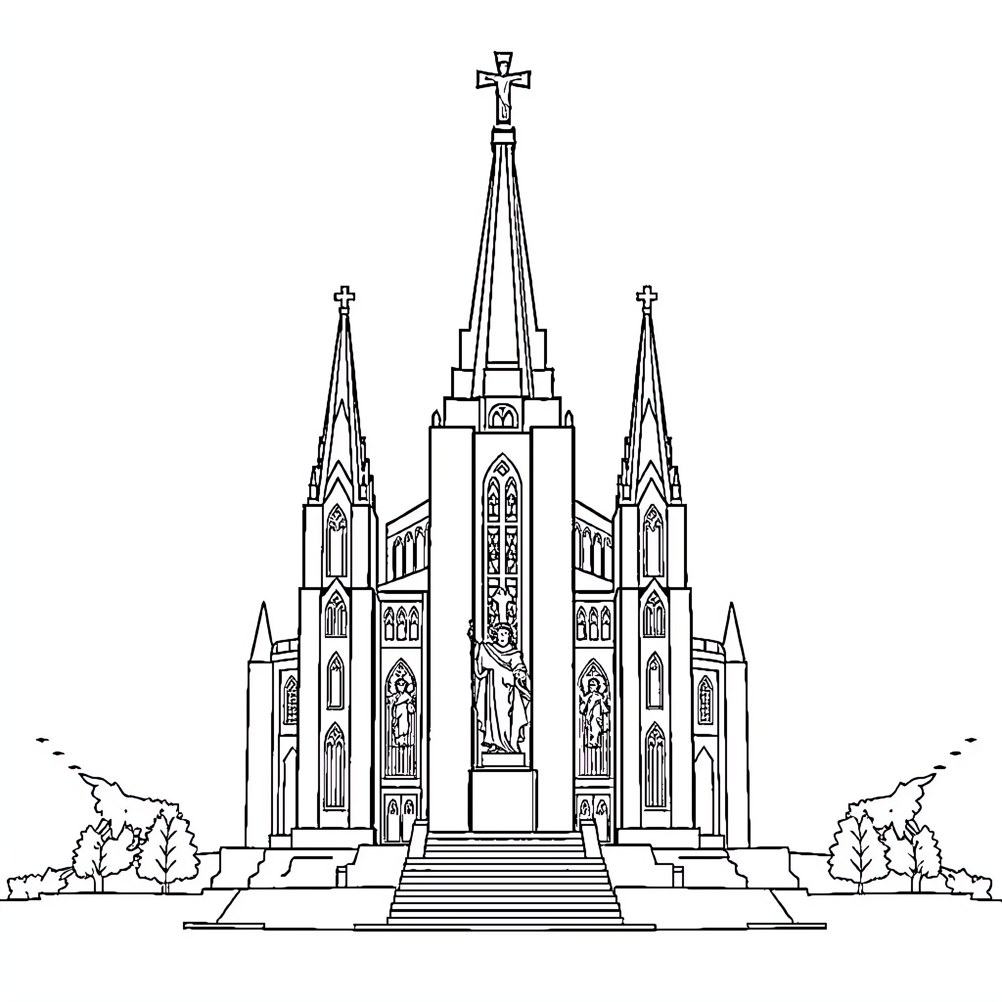 Temple with spires and ornate architecture Coloring Page (free black-and-white line drawing printable PDF for all, from beginners to advanced learners, including children, teens, adults, and seniors)