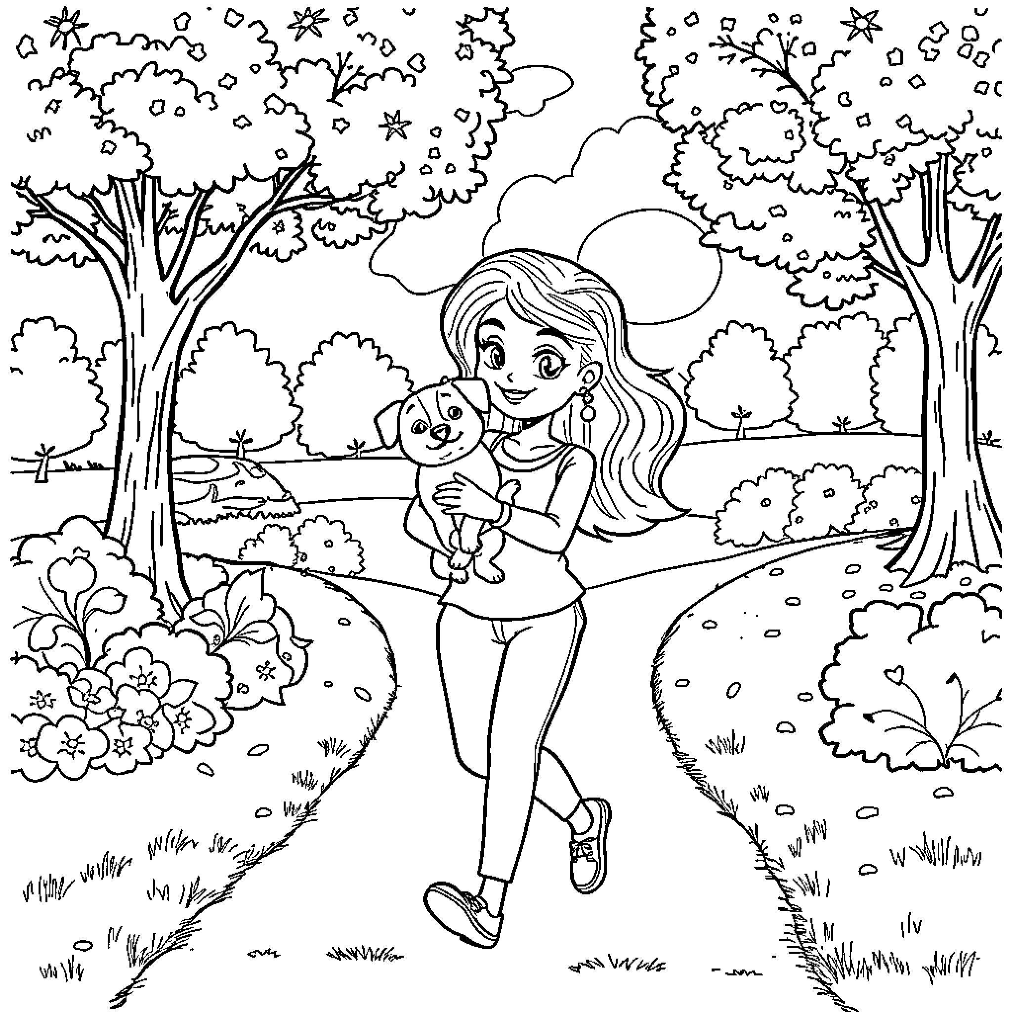 Bluey exploring the enchanting forest with her pet Coloring Page (free black-and-white line drawing printable PDF for all, from beginners to advanced learners, including children, teens, adults, and seniors)