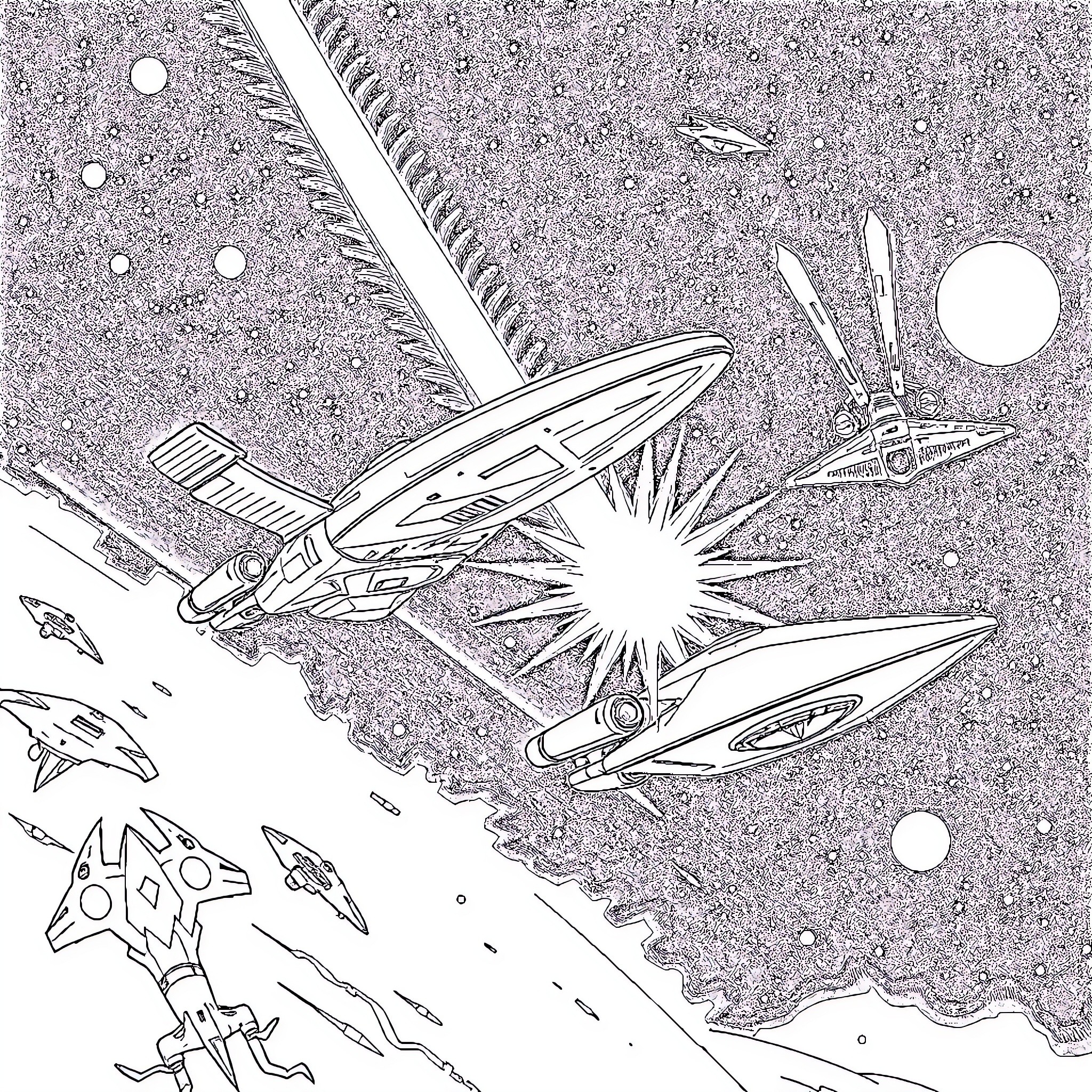 Star Trek Ship engaging in galactic battle Coloring Page (free black-and-white line drawing printable PDF for all, from beginners to advanced learners, including children, teens, adults, and seniors)