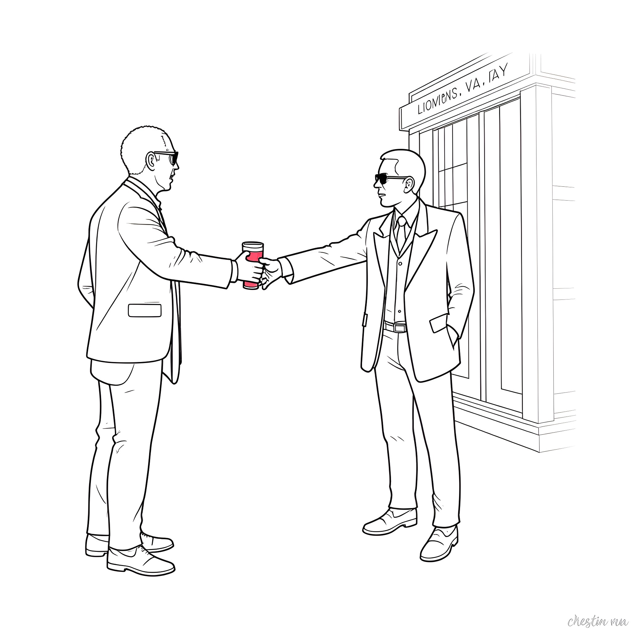 Doctor Who characters in professional attire meeting outdoors Coloring Page (free black-and-white line drawing printable PDF for all, from beginners to advanced learners, including children, teens, adults, and seniors)