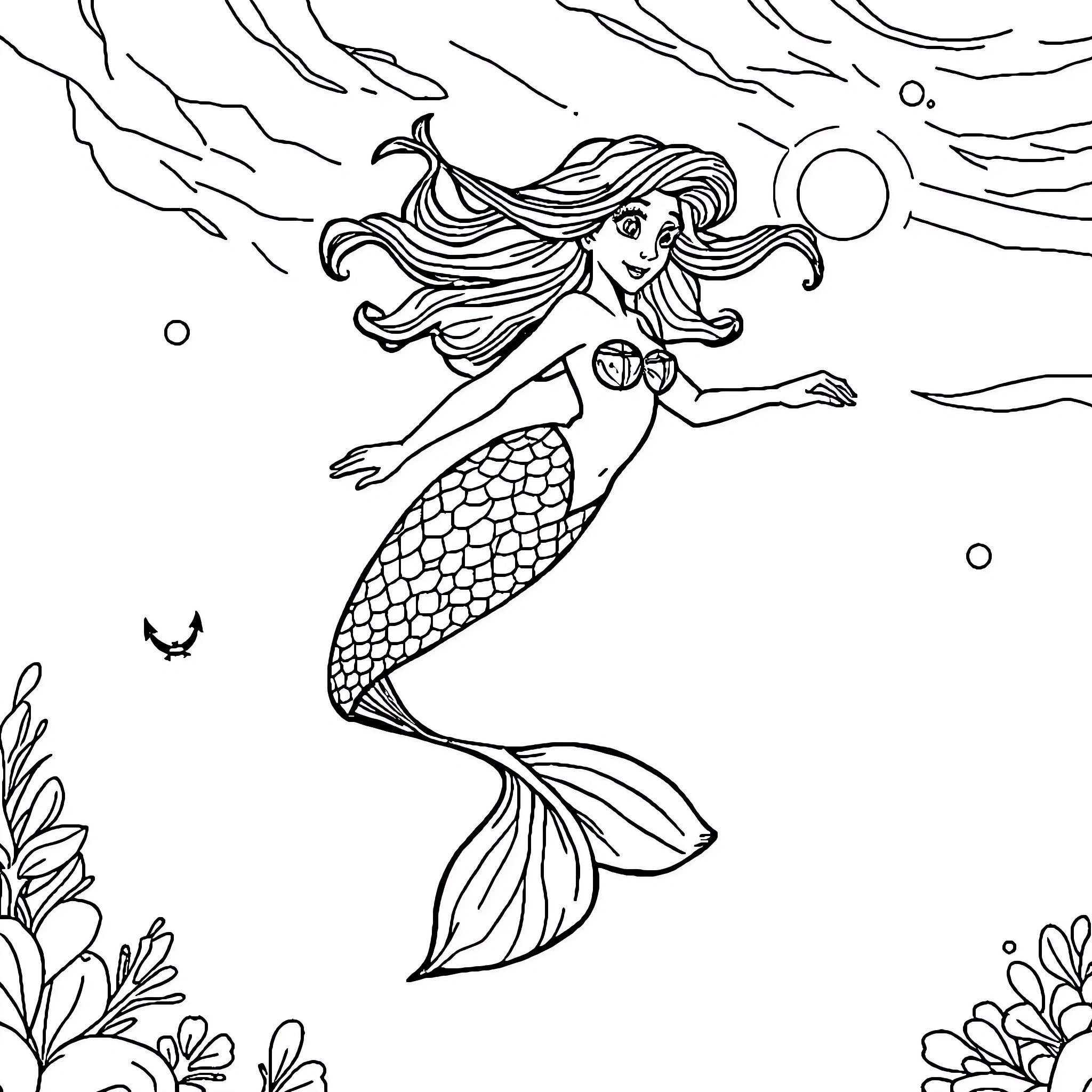 Mermaid swimming gracefully in the ocean Coloring Page (free black-and-white line drawing printable PDF for all, from beginners to advanced learners, including children, teens, adults, and seniors)